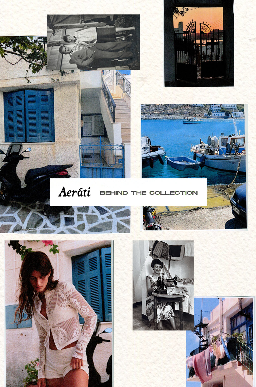Travel mood board collage with blue doors and coastal photos