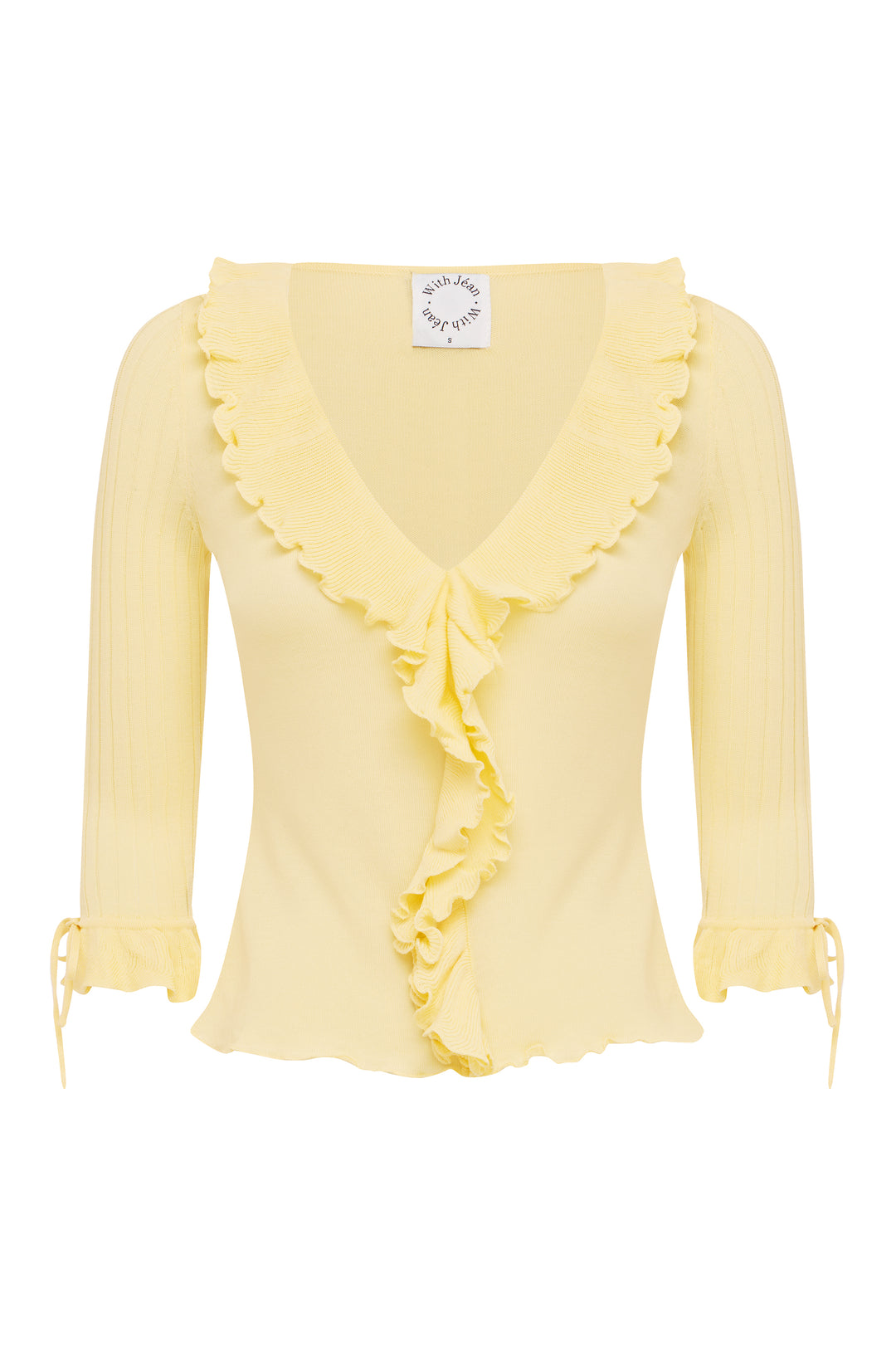 Pale yellow semi-sheer knitted top with 3/4 sleeves, ruffle-trim neckline, and tie-detail ruffle cuffs.