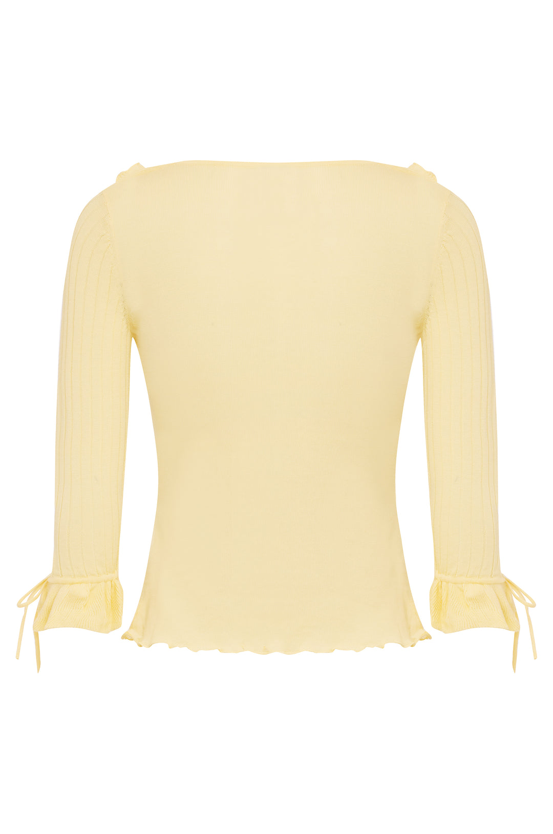 Pale yellow semi-sheer knitted top with 3/4 sleeves, ruffle-trim neckline, and tie-detail ruffle cuffs.