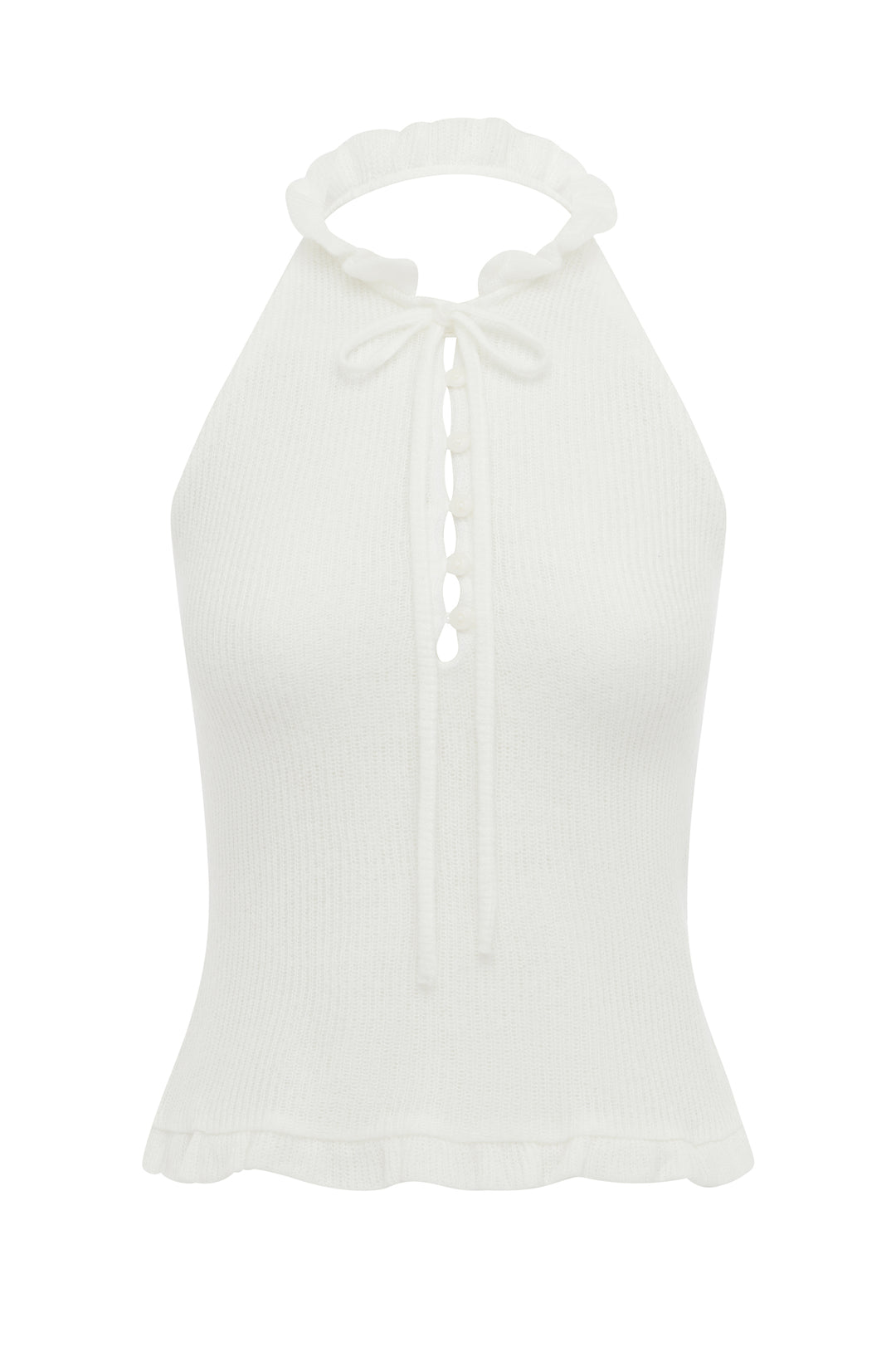 White knitted halter top with a self-tie neckline, button-front closure, and ruffle trim at the neck and hem.