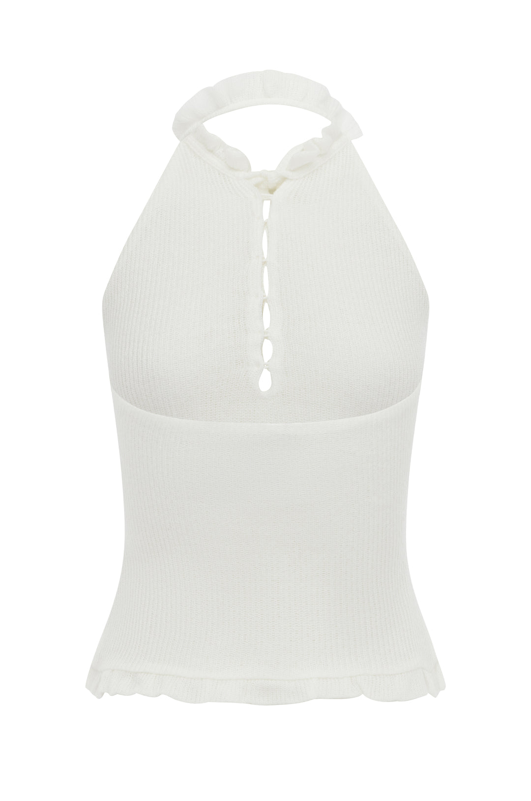 White knitted halter top with a button-front closure, self-tie neckline, and delicate ruffle trim at the neck and hem.