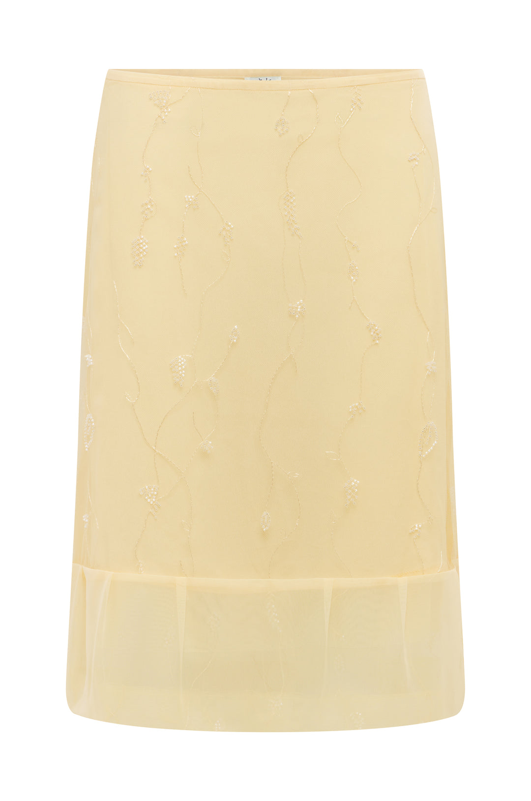 Champagne midi skirt with delicate vine embroidery, intricate beading, and a sheer pleated hem.