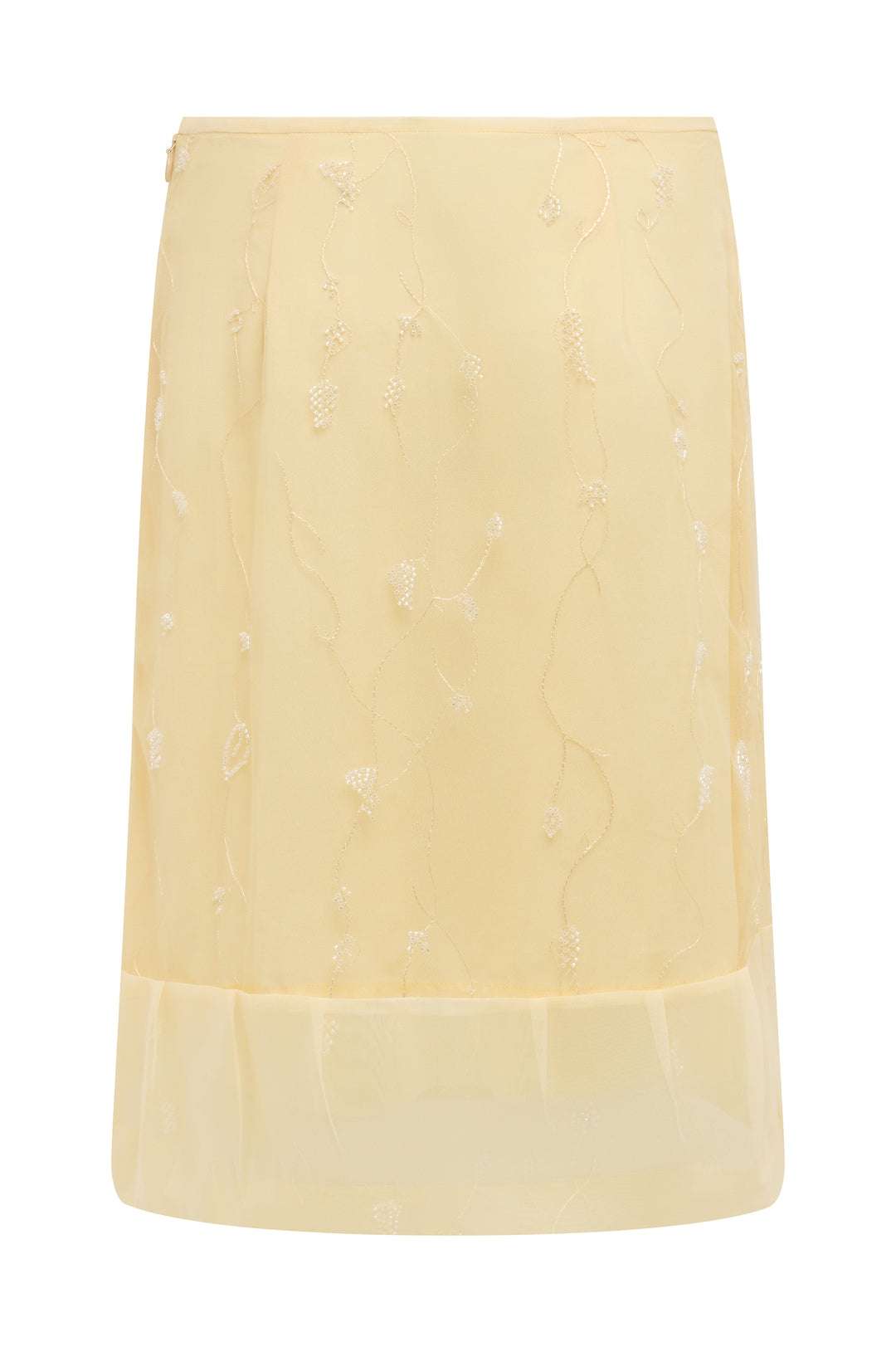 Champagne midi skirt with semi-sheer fabric, delicate vine embroidery, beaded detailing, and a pleated hem.