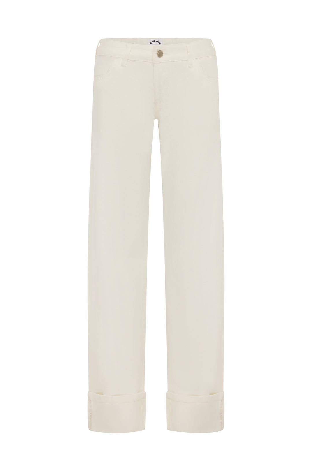 White Agnes low-rise selvedge denim jeans with front zip, custom button, and fixed cuffed hem.