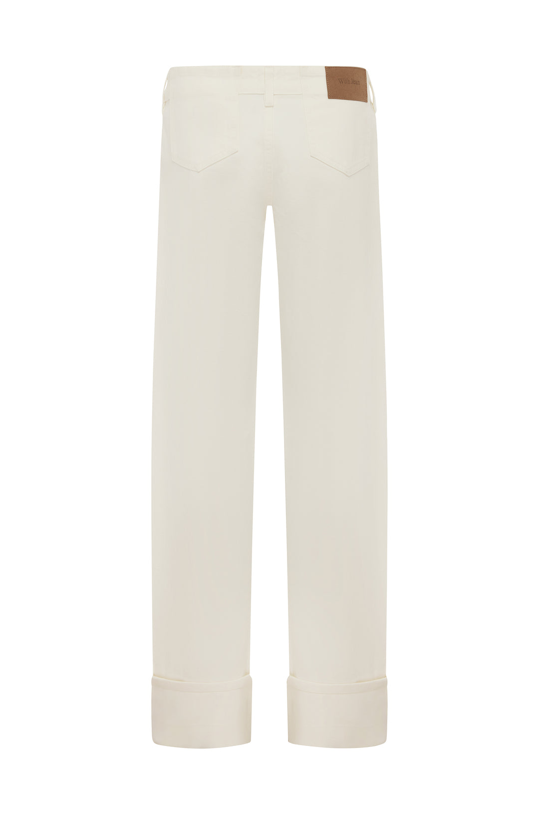 Agnes low-rise white selvedge denim jeans with a fixed cuffed hem and brown leather patch.