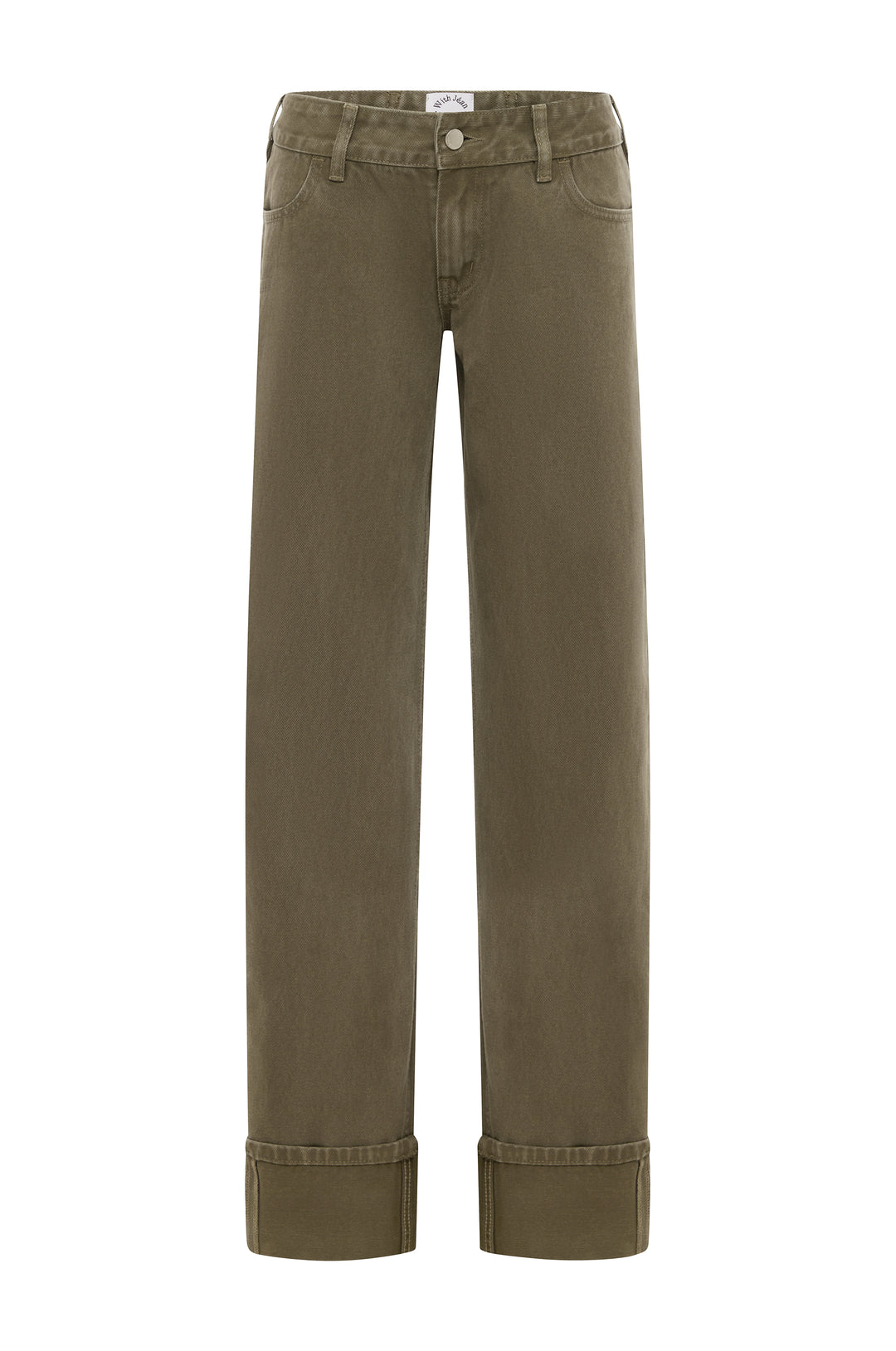 Alba low-rise denim jeans in smoky moss with a fixed cuffed hem and custom shank button.