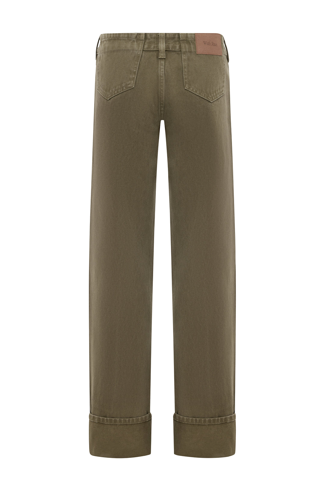 Alba low-rise denim jeans in Smoky Moss with fixed cuffed hem and brown leather brand patch.