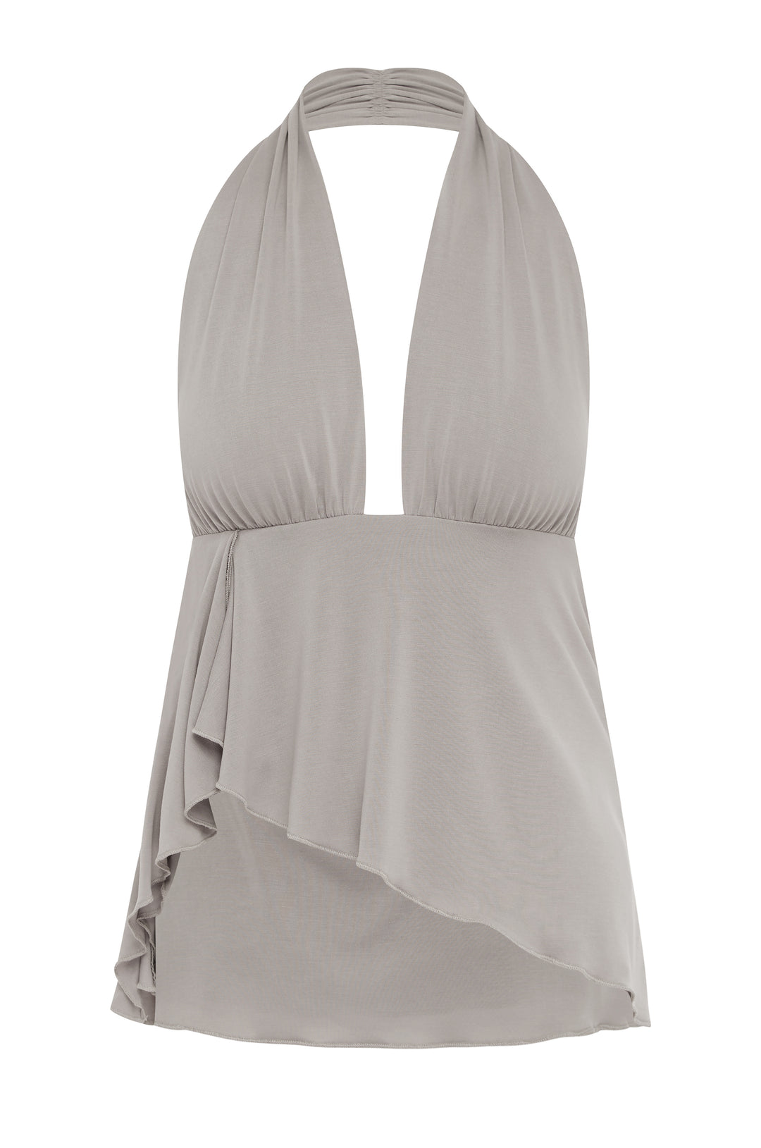Alix Top in Ash, a halter-style top with a deep V-neck, side ruffle slit, and asymmetrical hem.