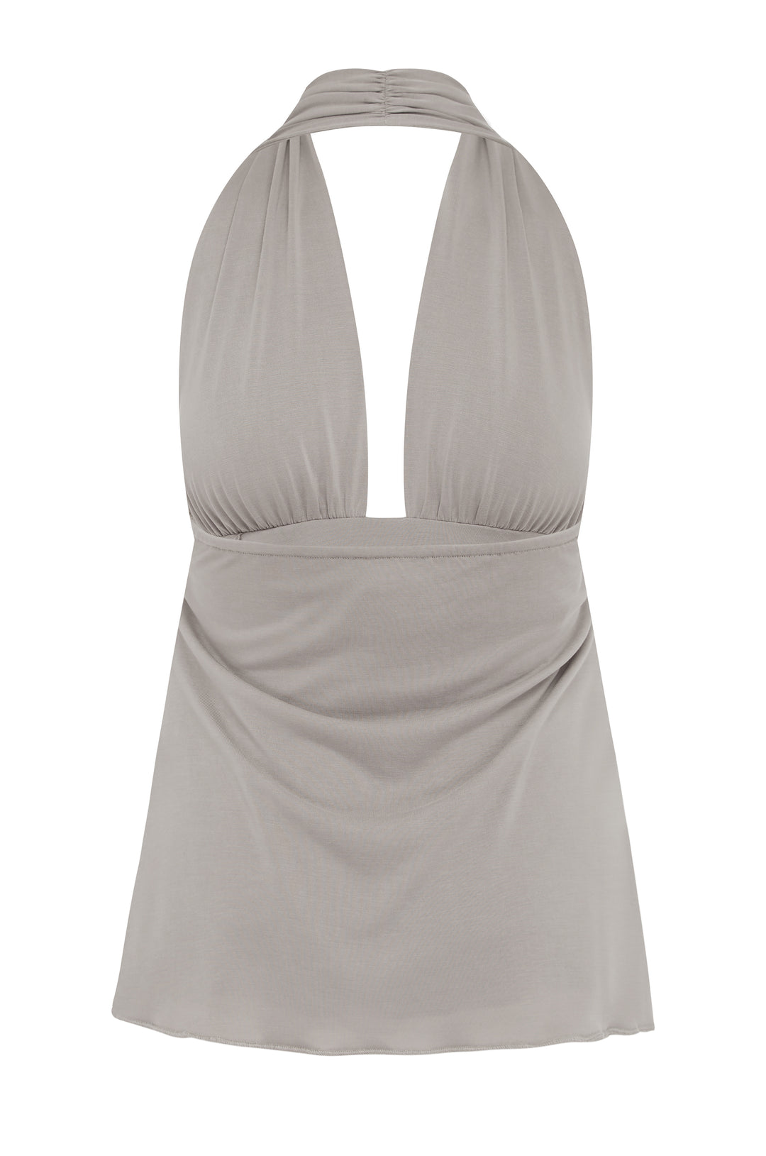 Ash Alix Top: halter-style with deep V-neck, ruched waist, and flowing asymmetrical hem.