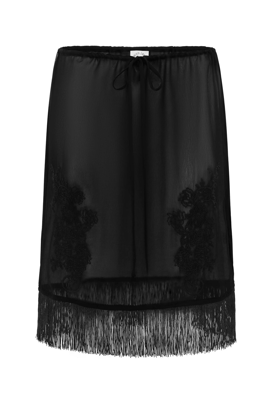Sheer black low-rise skirt with an adjustable drawstring waist, intricate front embroidery, and a long fringe hemline.
