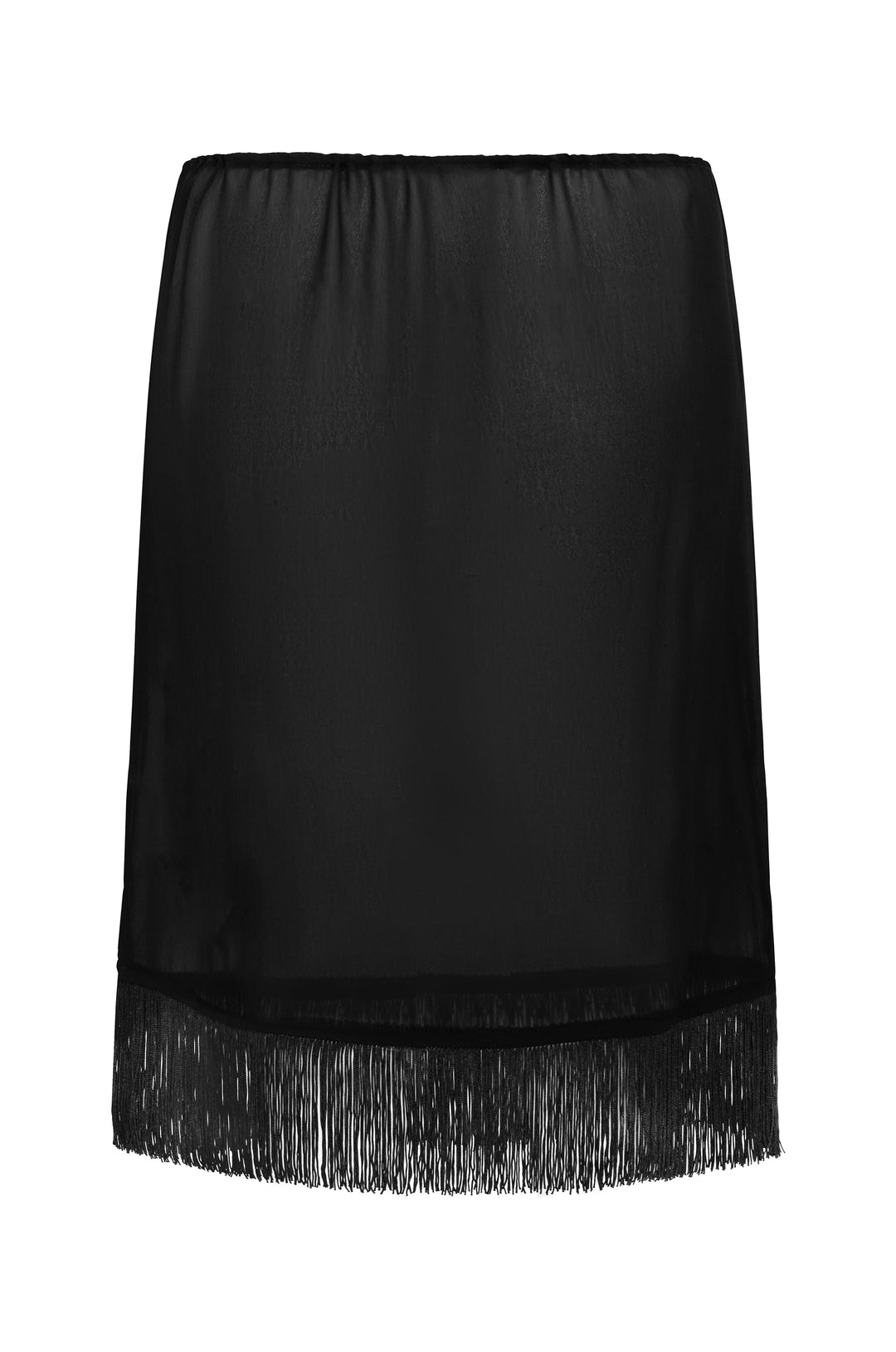 Sheer black low-rise Andie skirt with an adjustable drawstring waist and a delicate fringe hemline.
