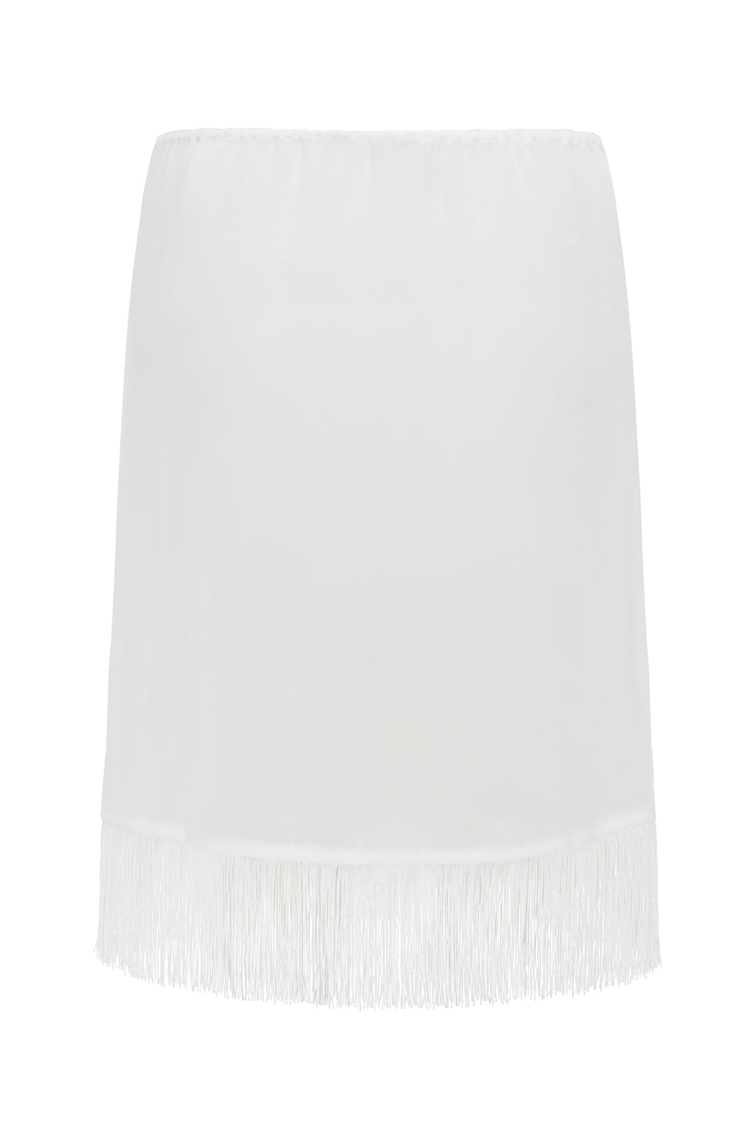 White low-rise Andie skirt with an adjustable drawstring waist and a long fringe hemline.