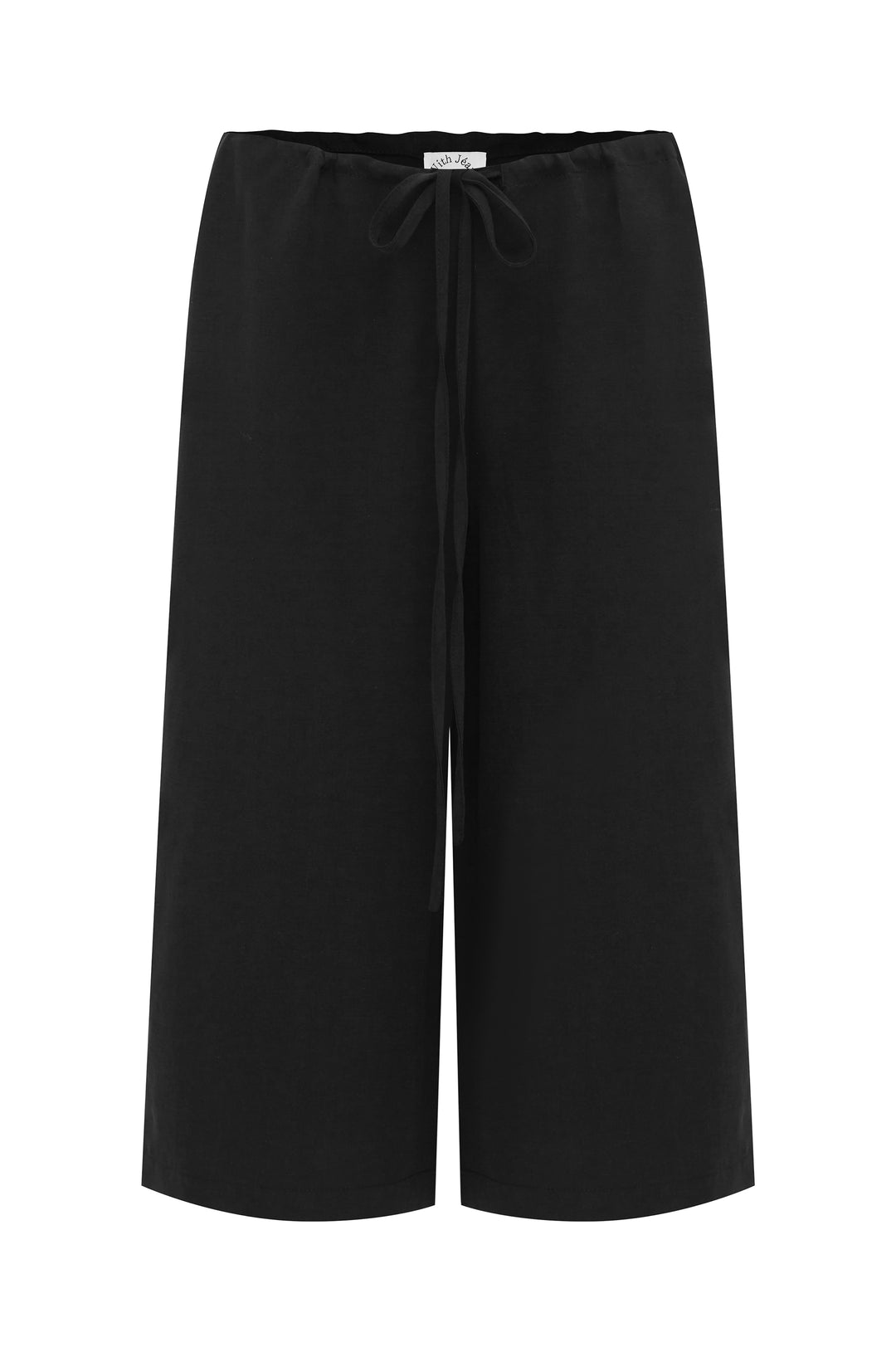 Black Arden capri pants featuring a relaxed, low-rise fit and an adjustable drawstring tie waistband.