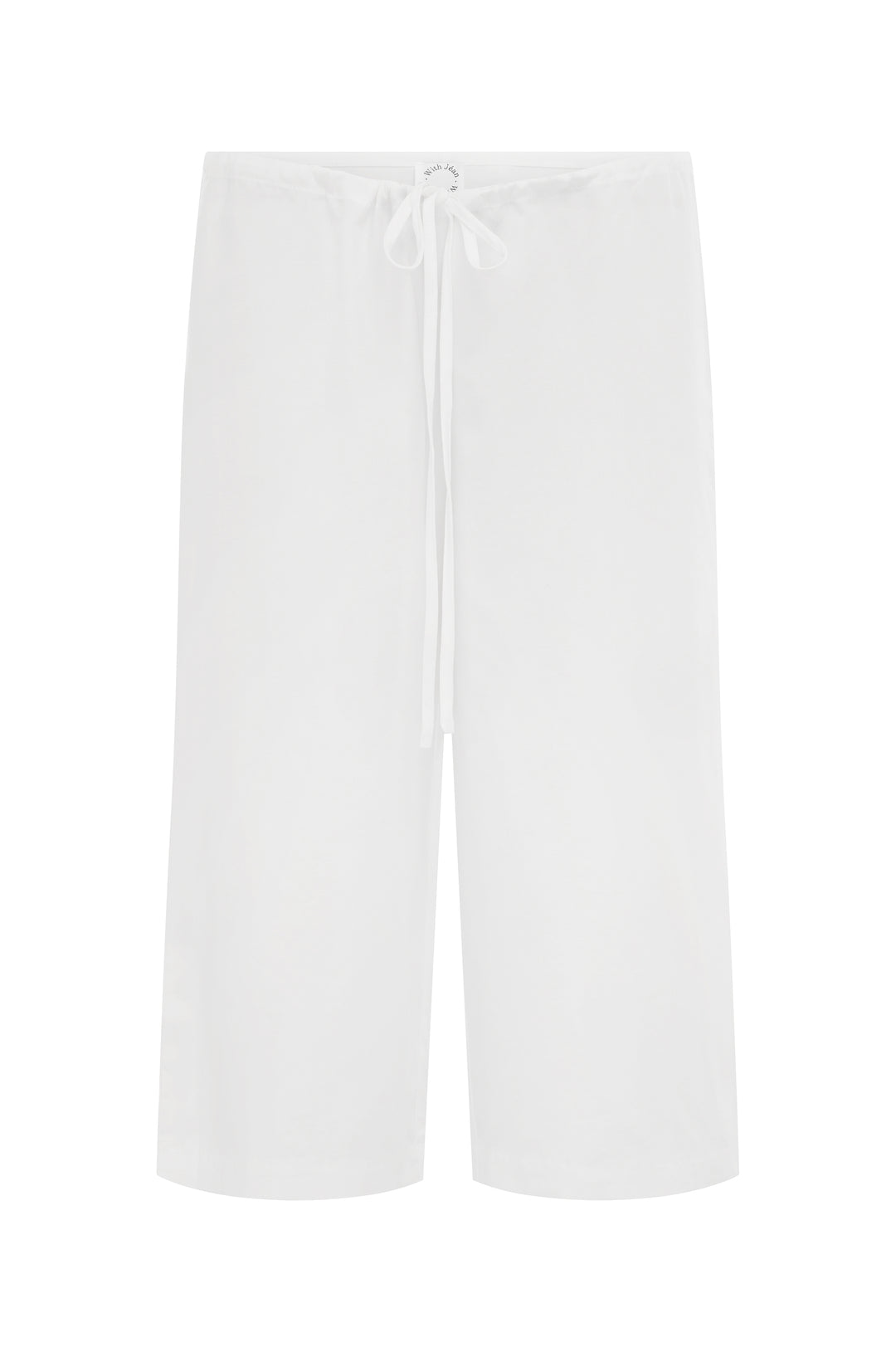 White Arden Capri Pant with a relaxed fit and adjustable tie waistband.
