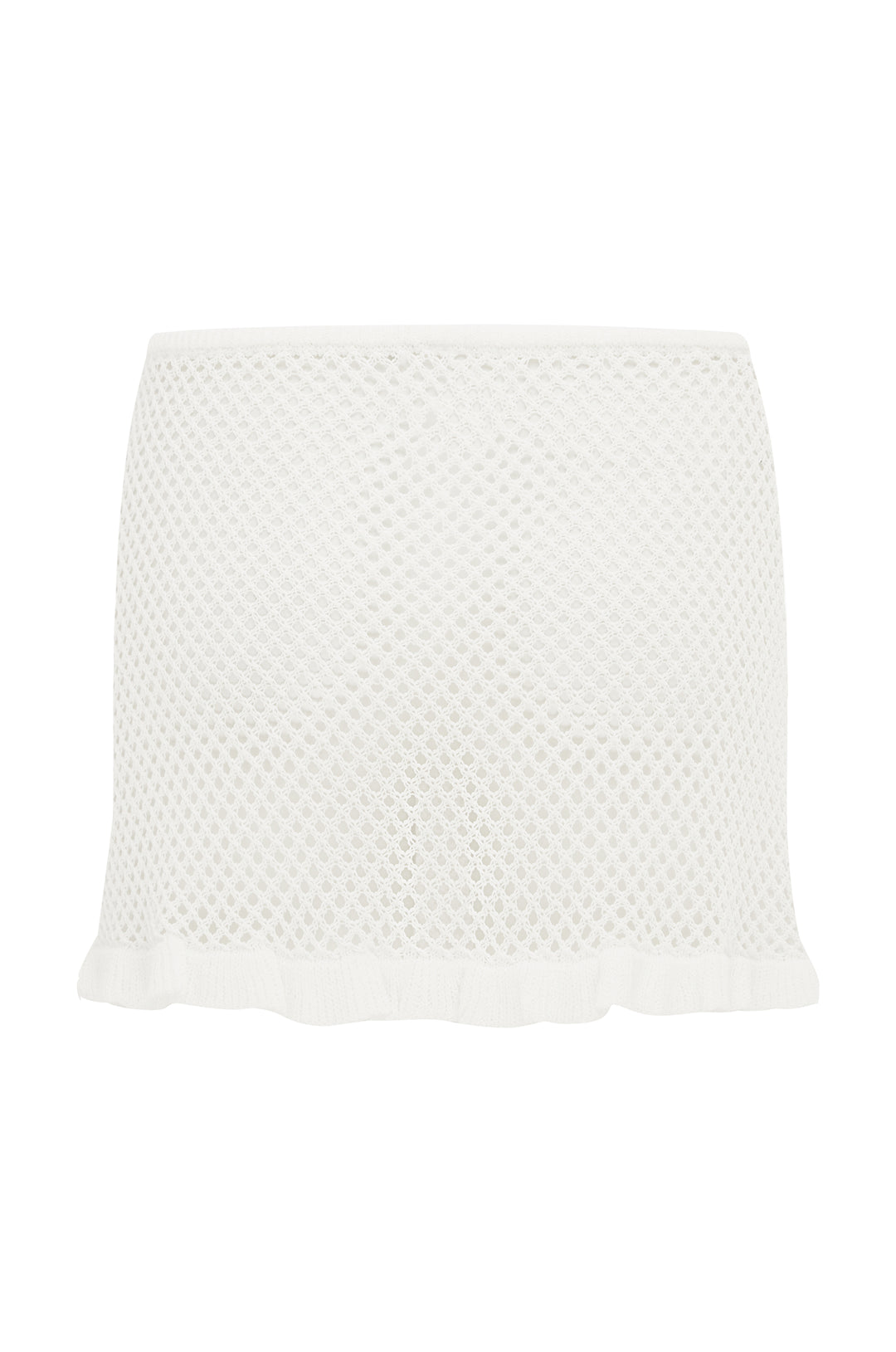White knitted low-rise mini skirt with ruffle hem.