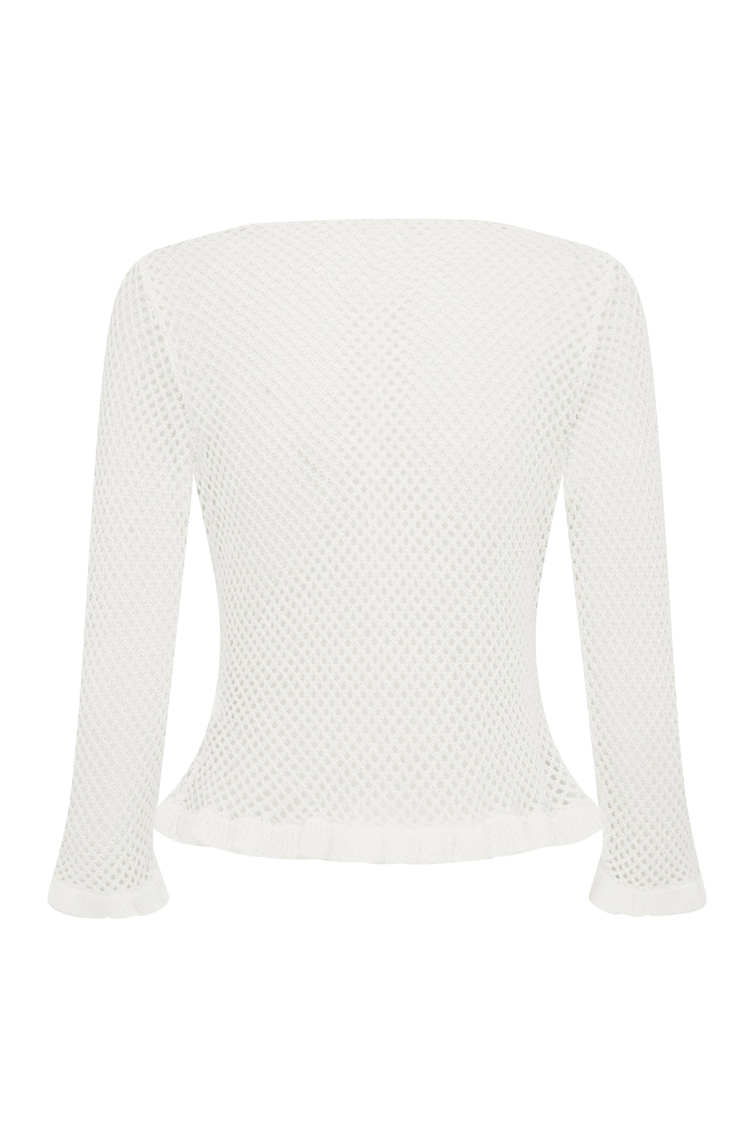 White knitted Aria Top with 3/4 sleeves, ruffle detailing on sleeves and hem.