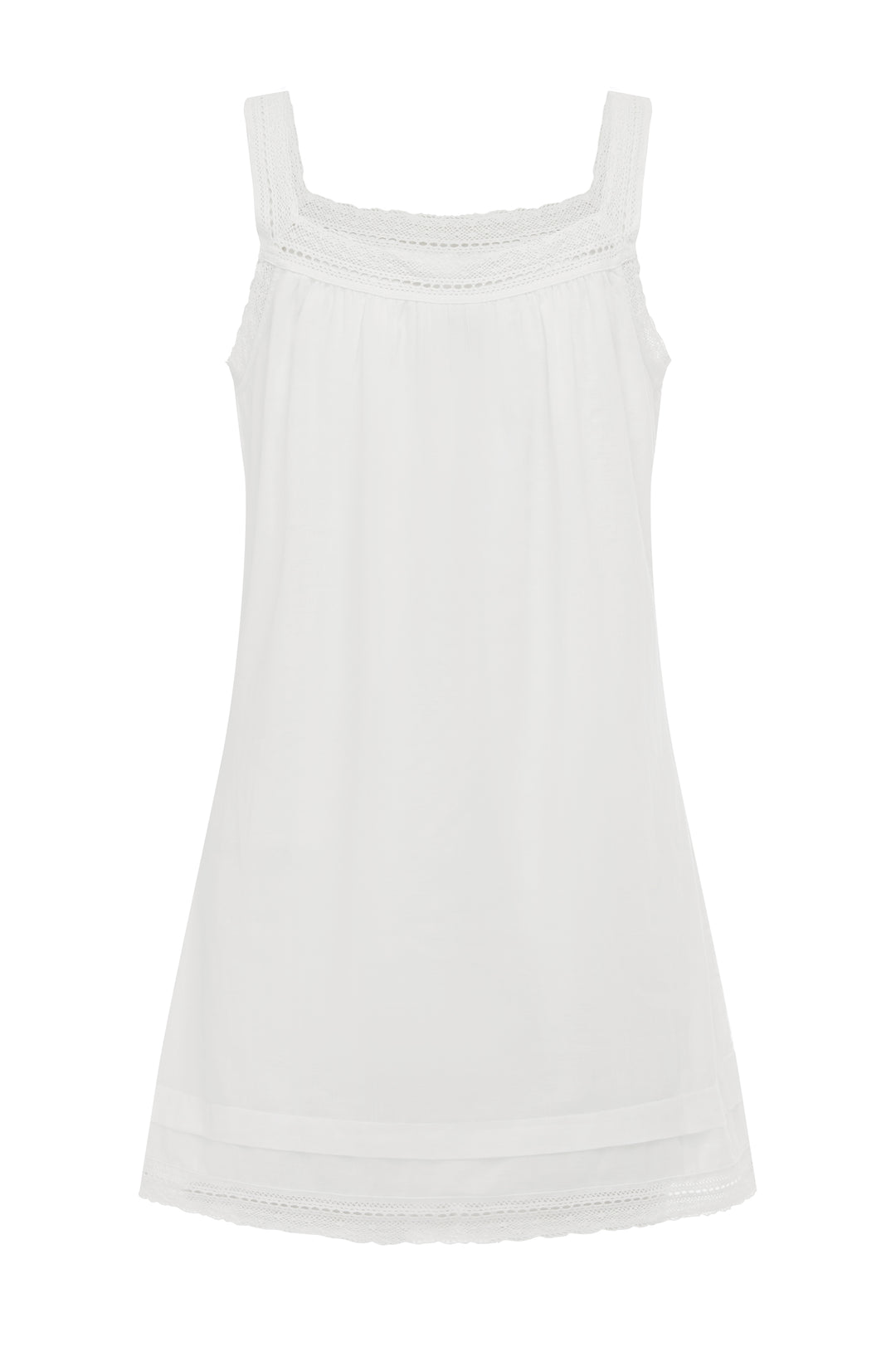 Arielle white cotton mini dress with a square neckline, lace-trim straps, and a delicate lace hem.