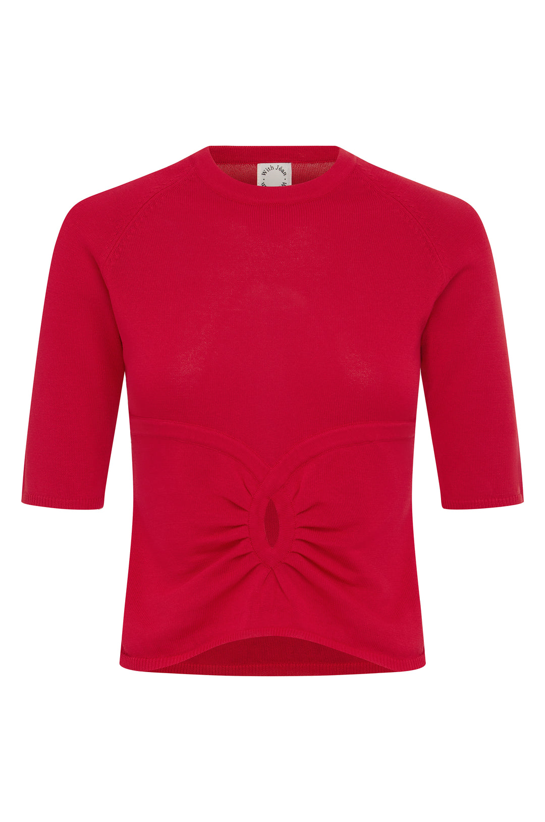 Red knit Avery top with half sleeves, a round neckline, and a gathered keyhole cut-out at the front.