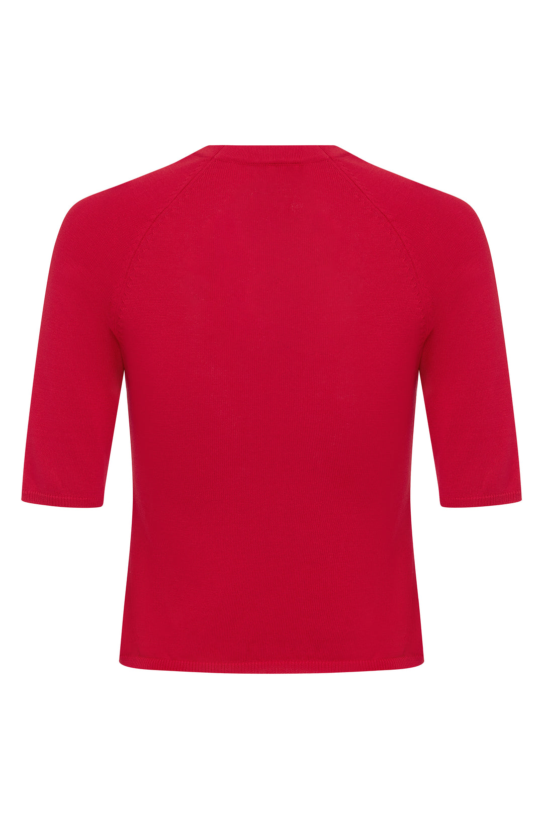 Back view of a red knit Avery top with a round neckline and half sleeves.