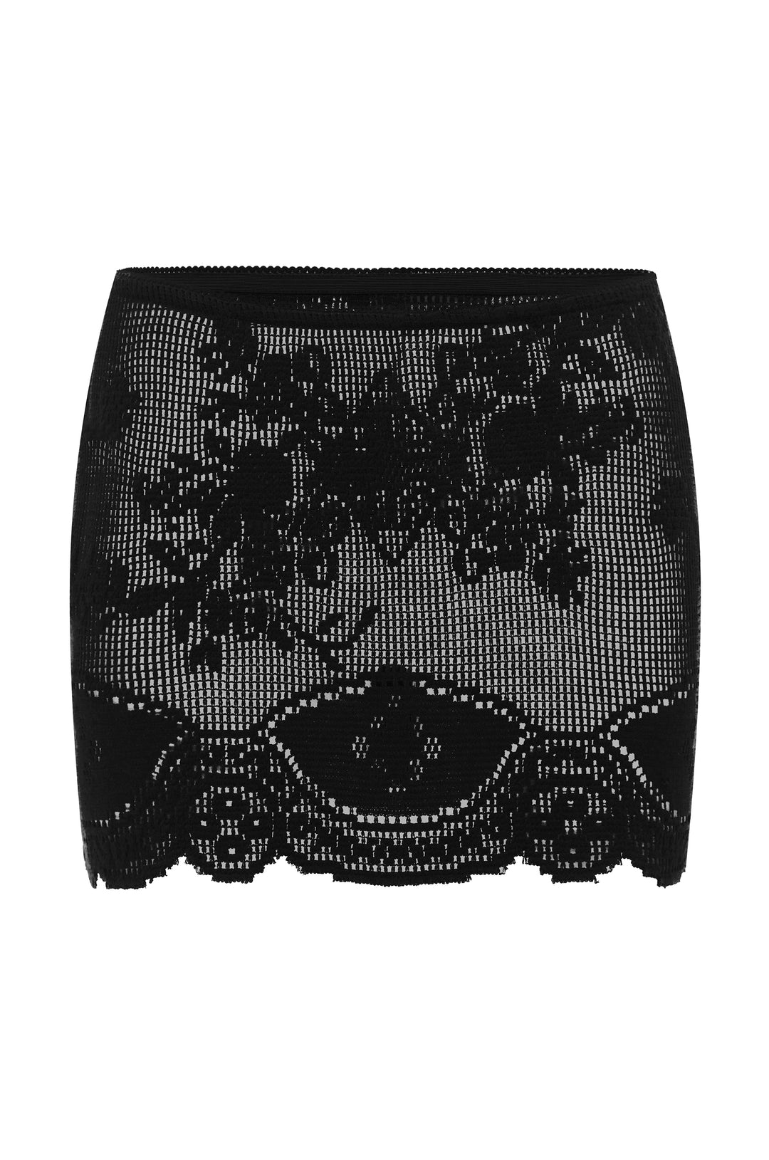 Black mini skirt in sheer crochet lace with an elasticated waistband and a decorative scalloped hem.