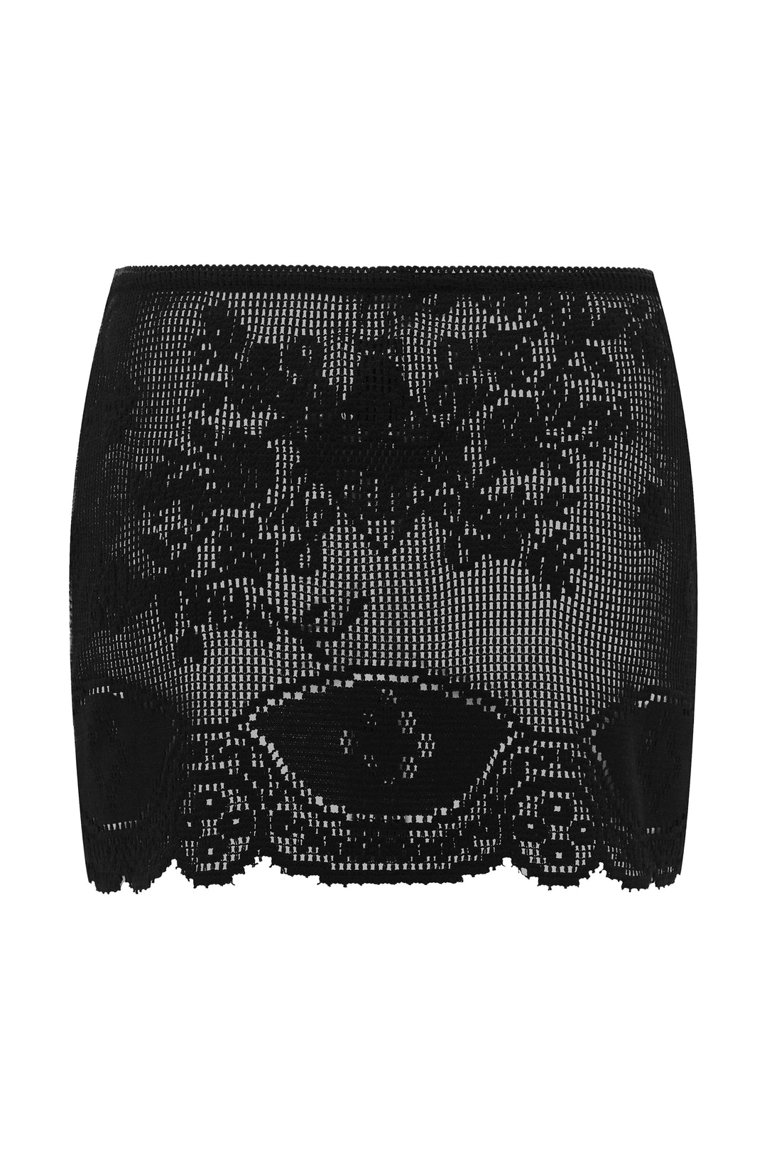 Black mini skirt in sheer crochet lace with an elasticated waistband and a decorative scalloped hem.