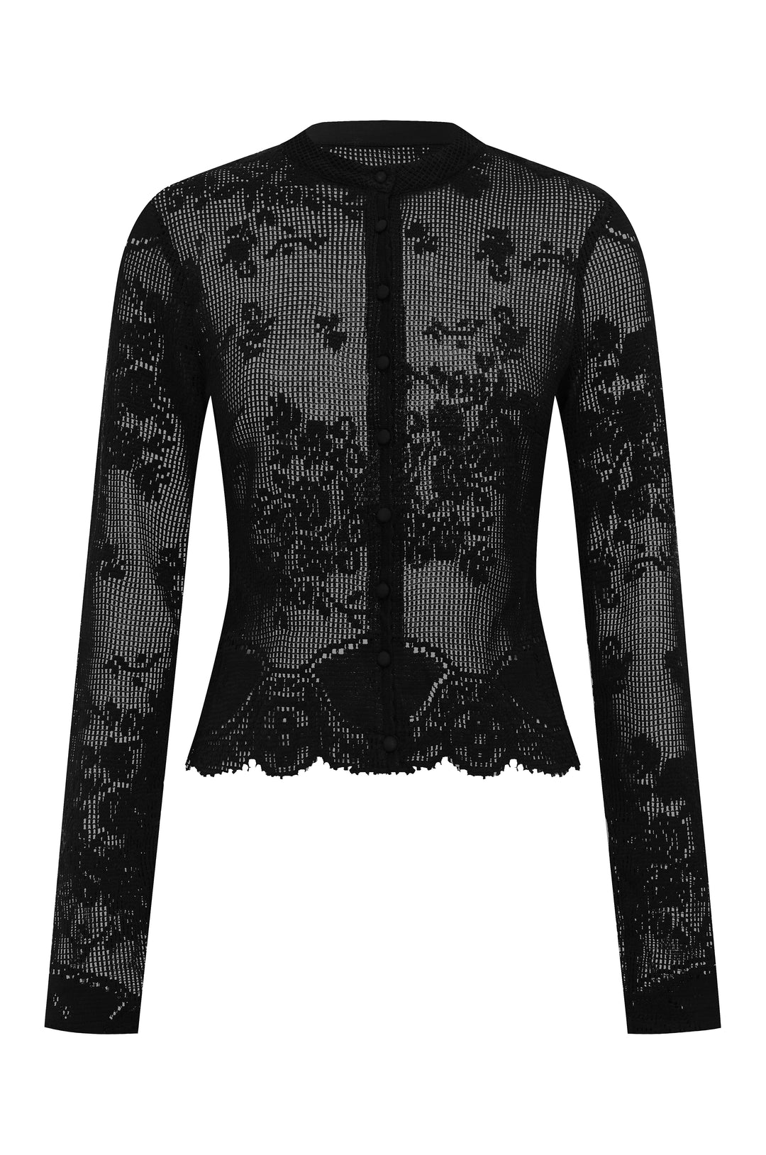 Black sheer long-sleeve button-up cardigan with custom hand-drawn crochet lace and scalloped trim detail.
