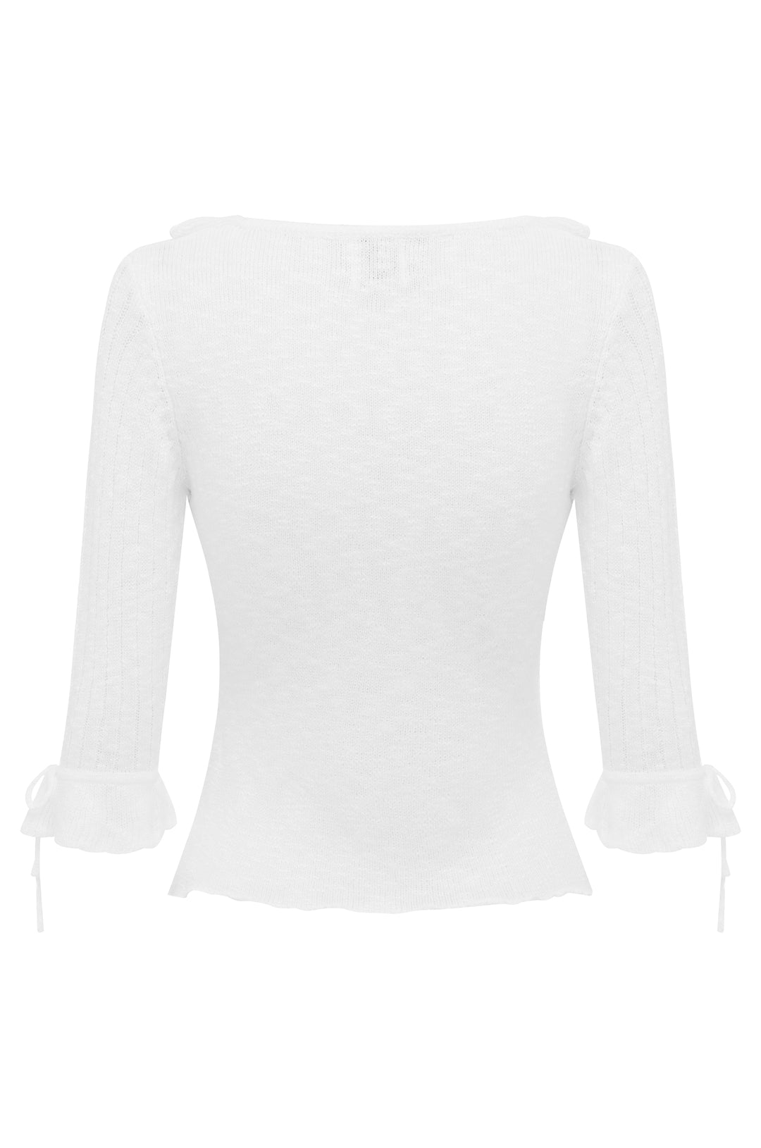 White knitted top with 3/4 sleeves, ruffle cuffs with tie details, and a contrast ruffle-trim neckline.