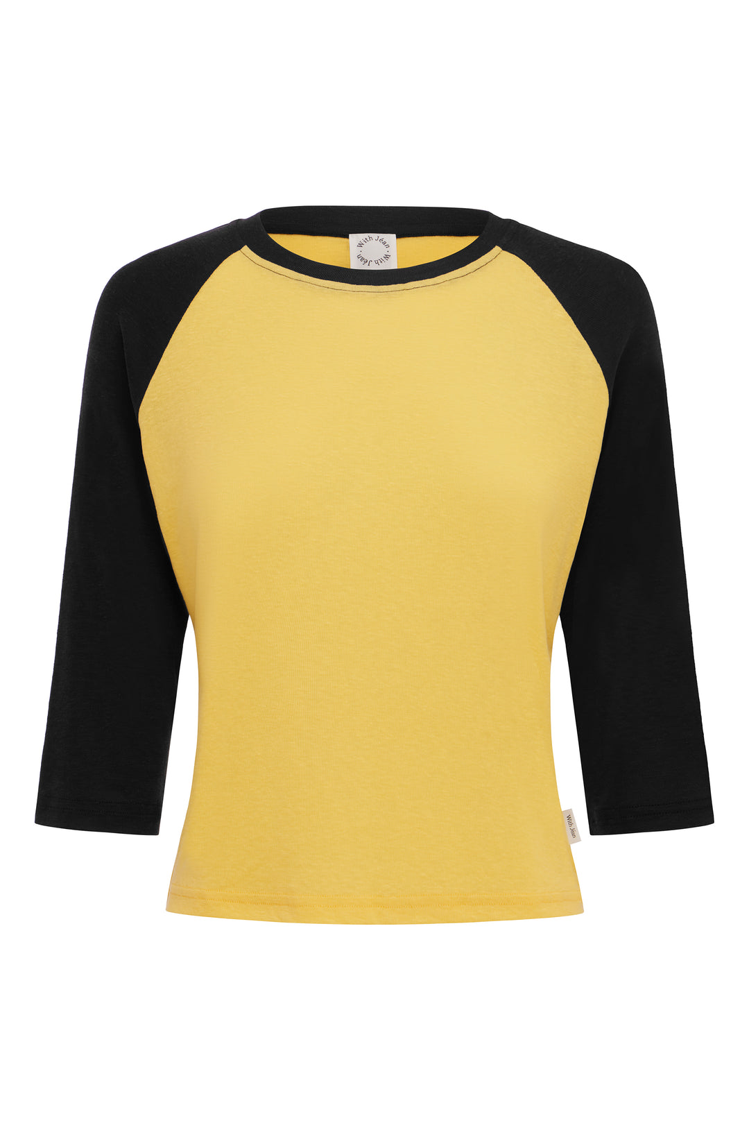 Billie raglan tee with a yellow body, midnight navy sleeves, and a round neckline in a relaxed fit.