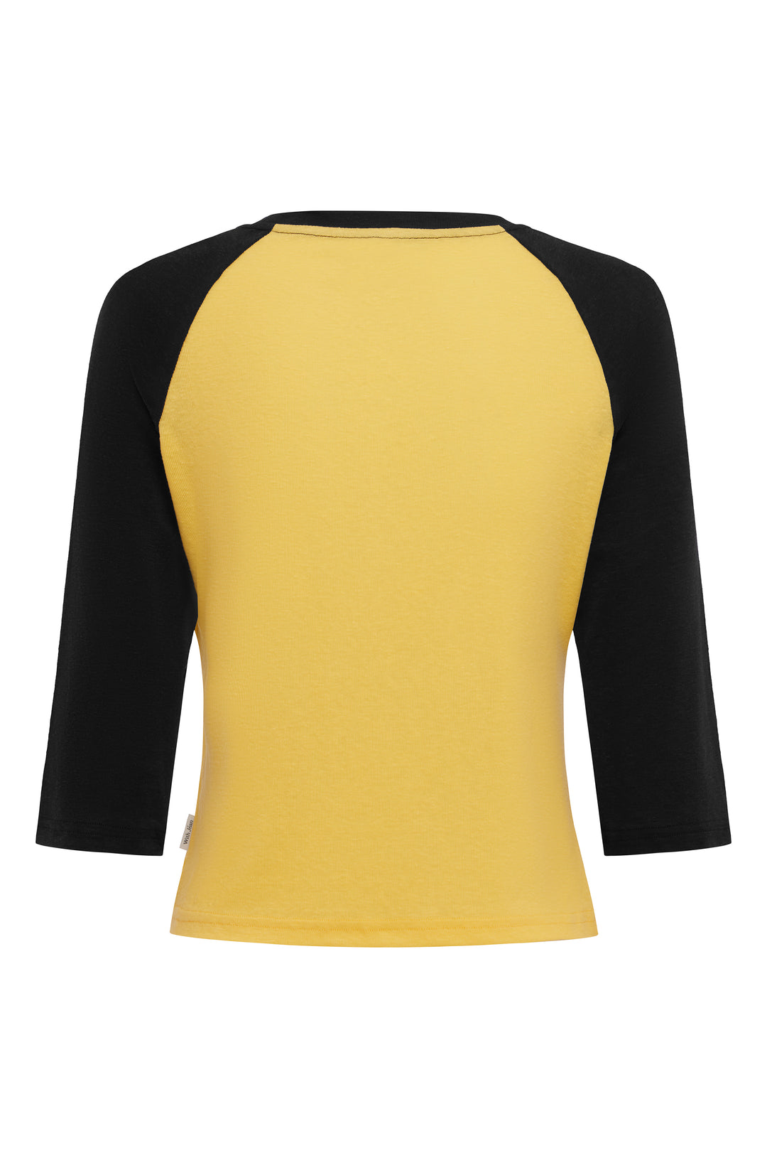 Billie raglan tee in yellow with contrast midnight navy three-quarter sleeves and a round neckline.