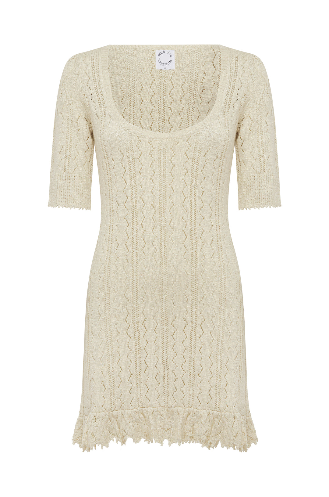 Pearl mini dress with a scoop neckline, short sleeves, and openwork knit construction featuring a textured hem.