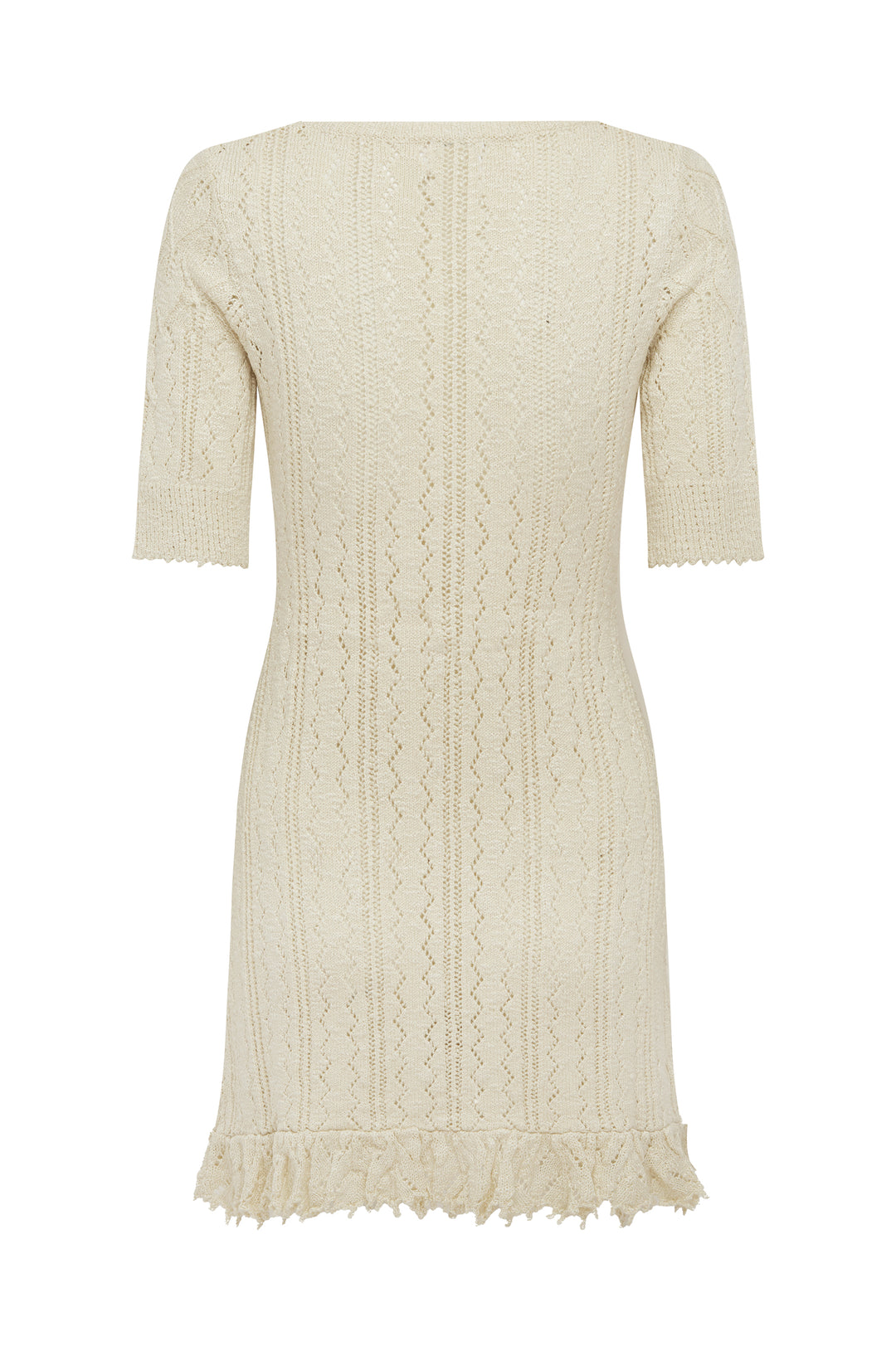 Pearl mini dress with openwork knit construction, ribbed scoop neckline, and a textured ruffled hem.