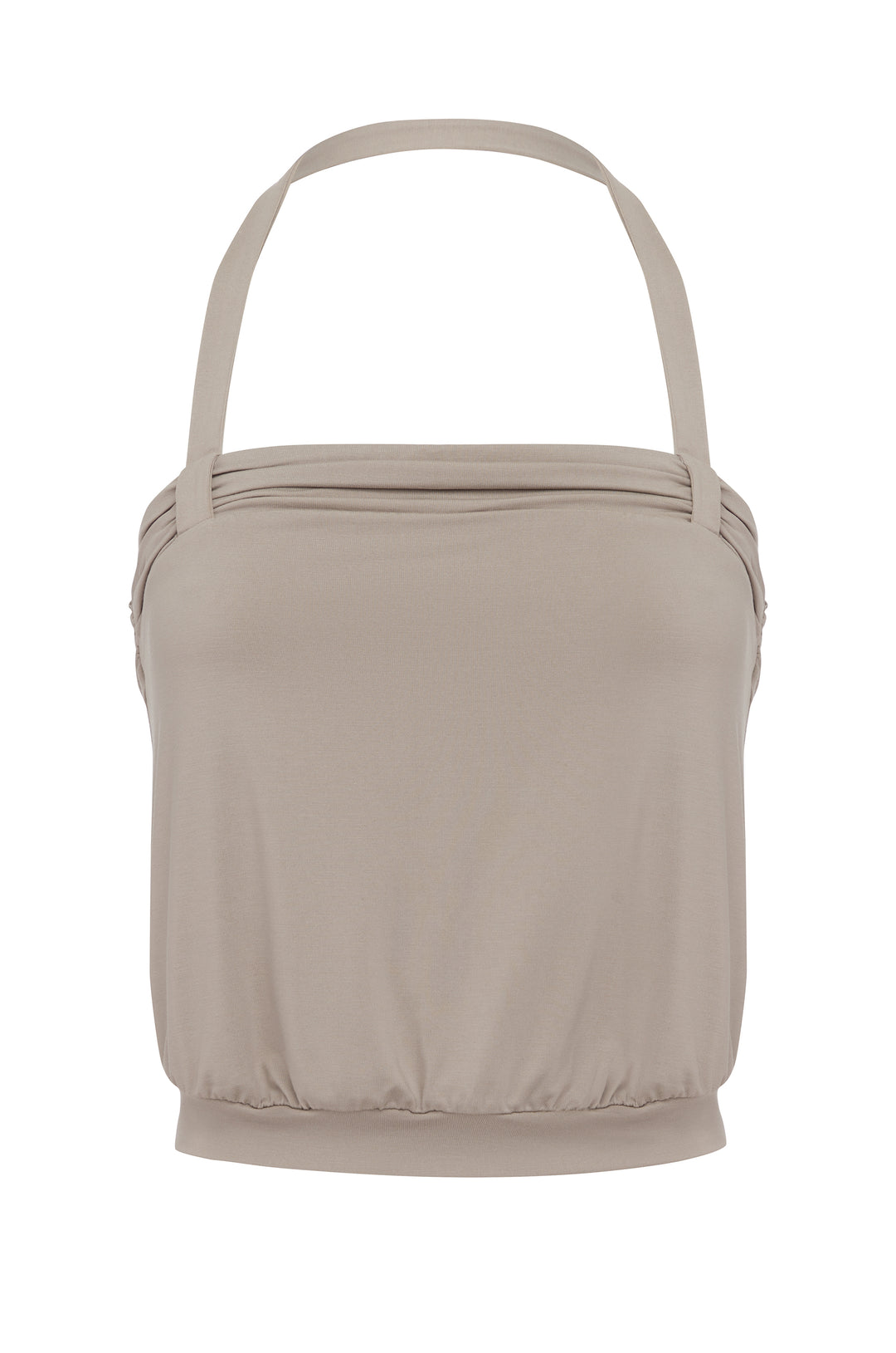 Stone-colored halter top with a ruched neckline, loop detailing, and a fitted hem band.