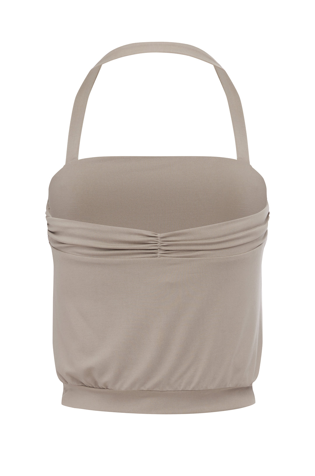 Stone-colored halter top with a ruched bodice, loop detailing, and a fitted band at the hem.