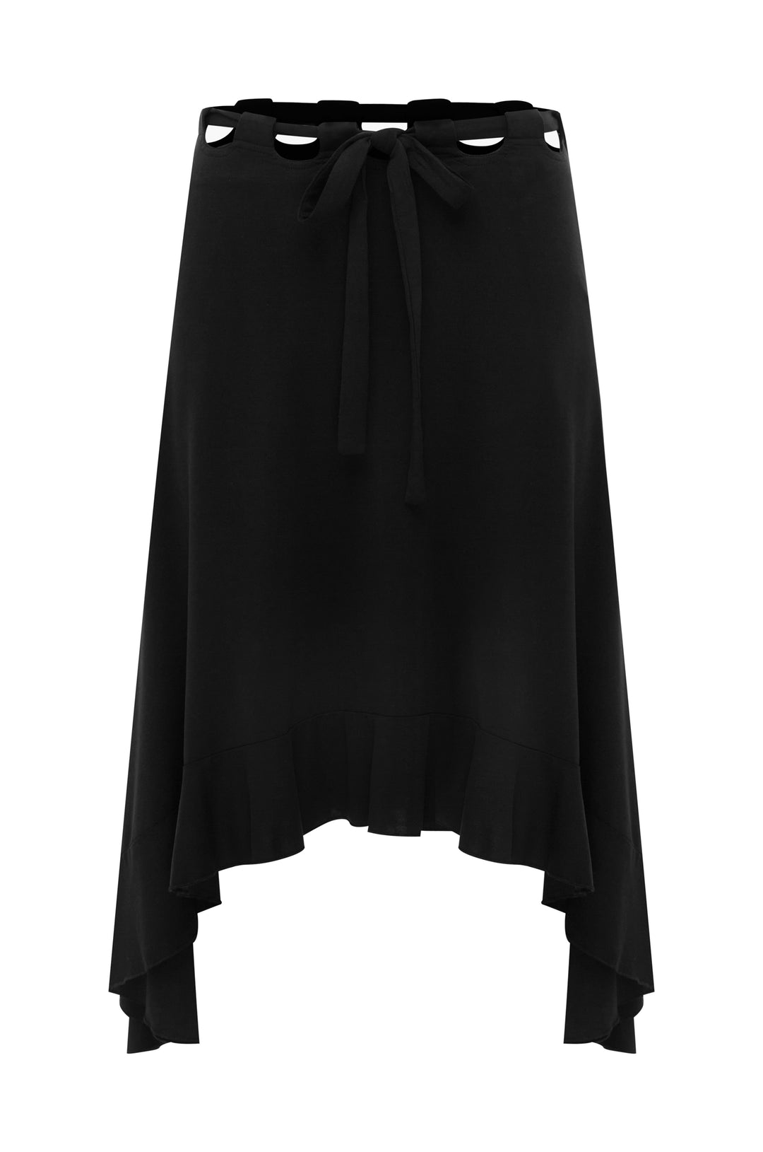 Black Carrie Skirt: low-rise midi with tie waist, cut-out details, and ruffle hem.