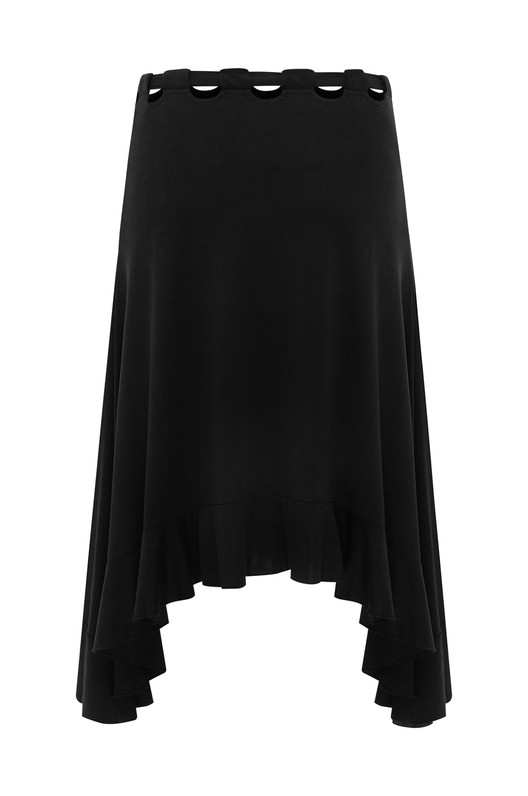 Black Carrie Skirt: low-rise midi with adjustable tie waistband, cut-out details, and ruffle hem.