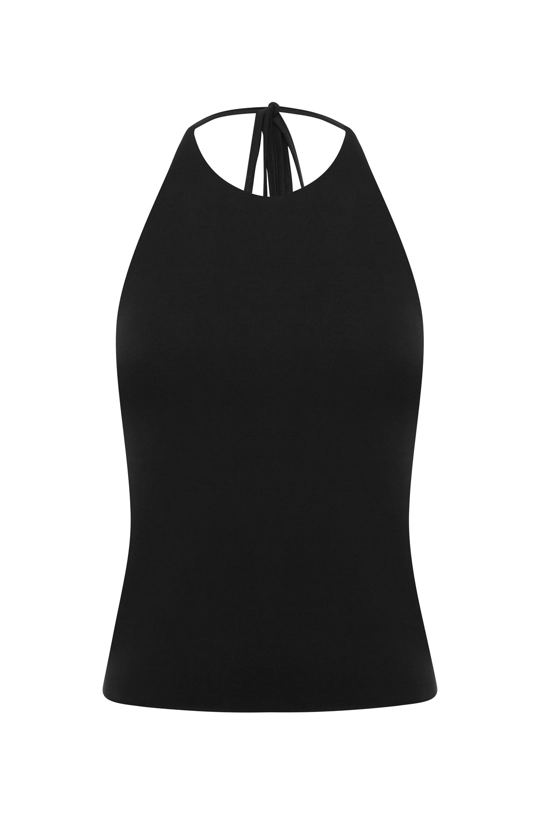 Black Carrie Top, a halter-style top with self-tie neck and raw edge hem.