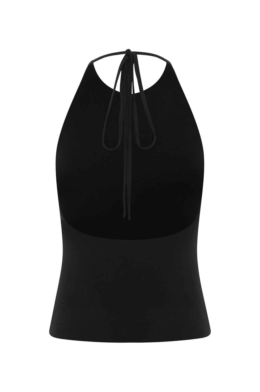 Black Carrie Top with self-tie halter neck, low back, and raw edge hem.