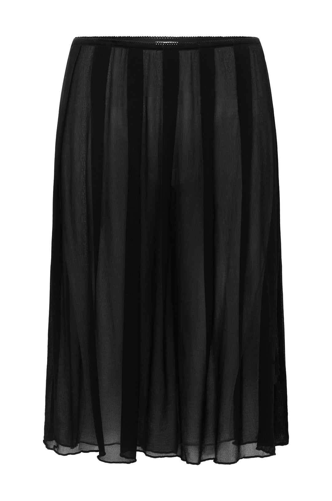 Black low-rise midi skirt with a soft pleated silhouette and a delicate picot-edge elasticated waistband.