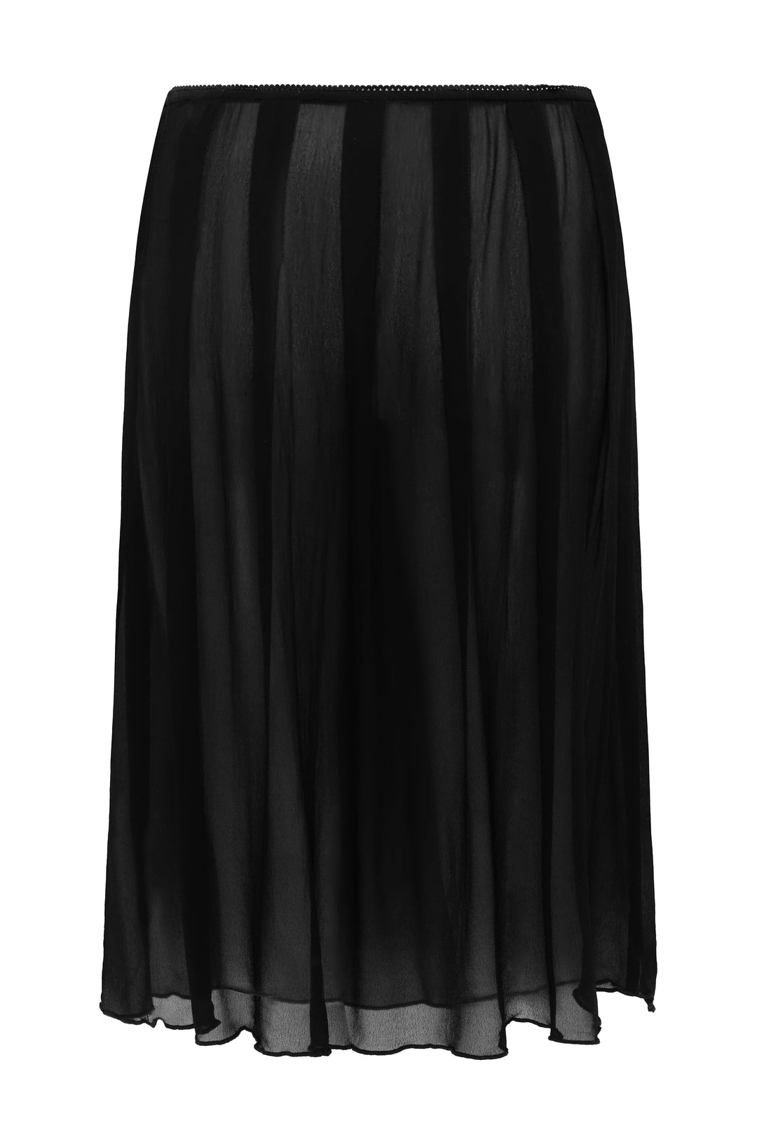 Black midi skirt with a soft pleated silhouette, sheer fabric, and a picot-edge elasticated waistband.