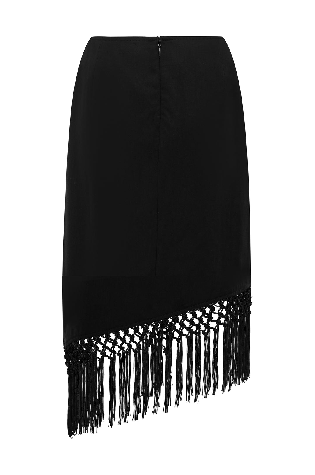 Black low-rise Daria skirt with an asymmetrical hem and decorative macrame fringe detailing.