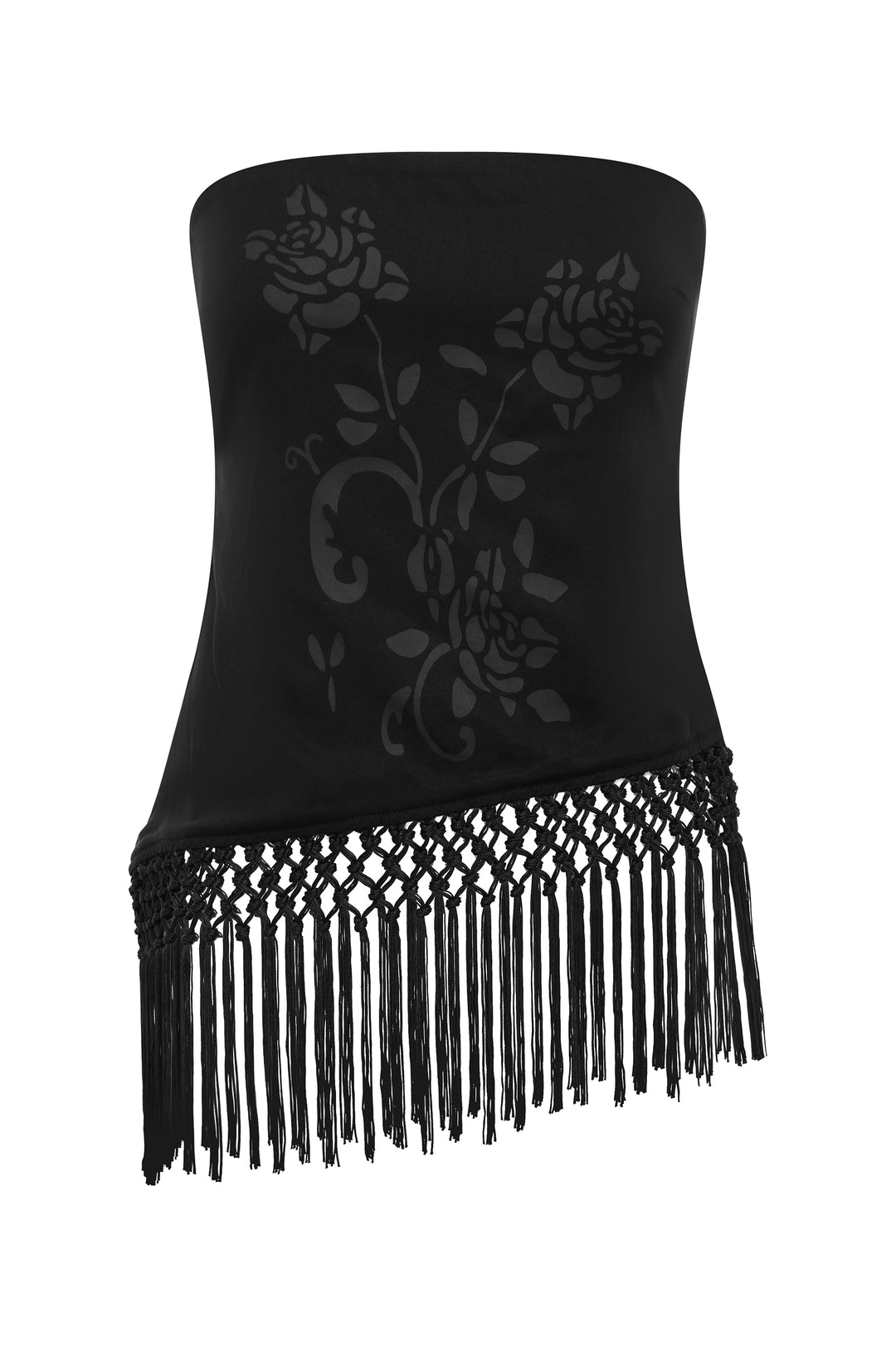 Black strapless Daria top with a tonal floral print and an asymmetrical hem featuring decorative macrame fringe.