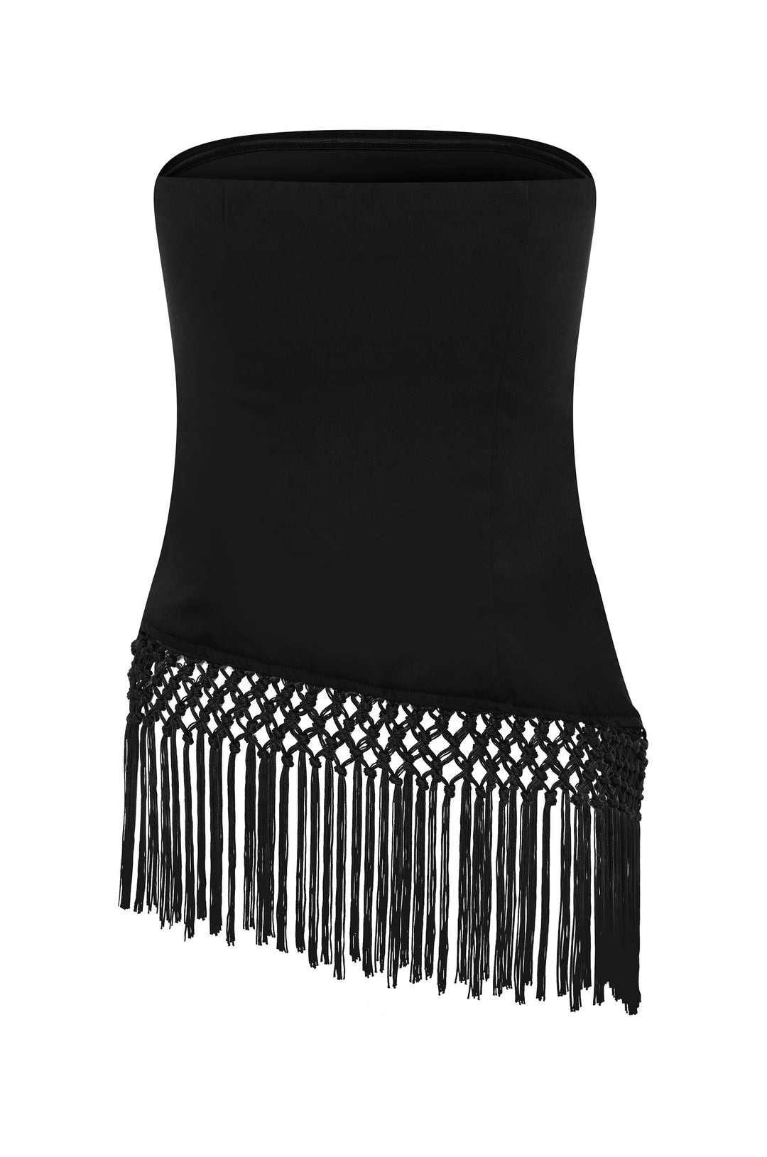 Black strapless Daria top with an asymmetrical hem and decorative macrame fringe detailing.