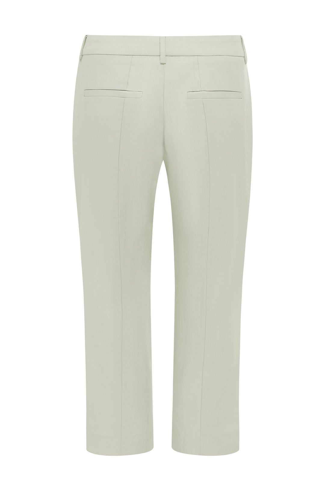 Back view of dusty sage Davis capri pants with belt loops, back welt pockets, and vertical seam detailing.
