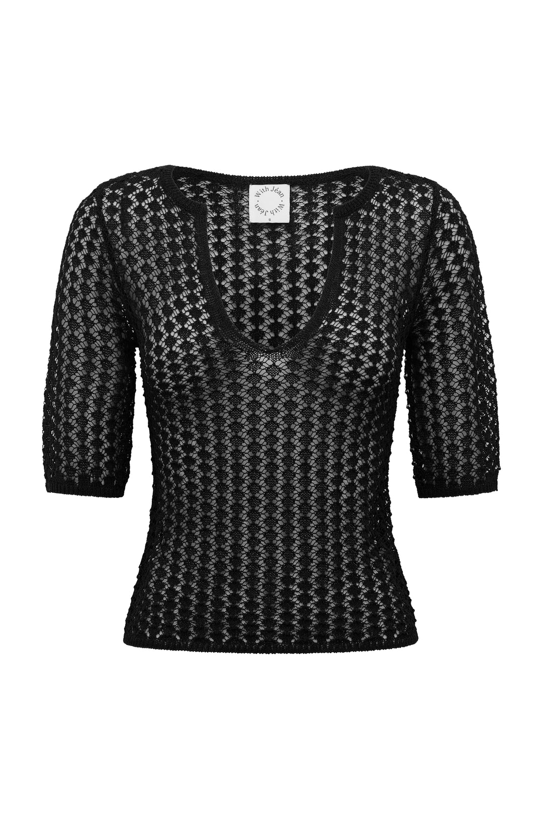 Black knitted Delilah top with a notched scoop neckline, half sleeves, and contrast rib detailing.