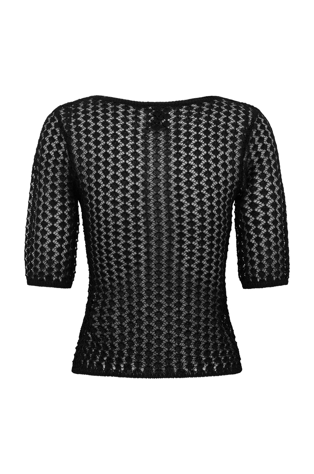 Black knitted Delilah top with a scoop neckline, half sleeves, and intricate openwork pattern throughout.
