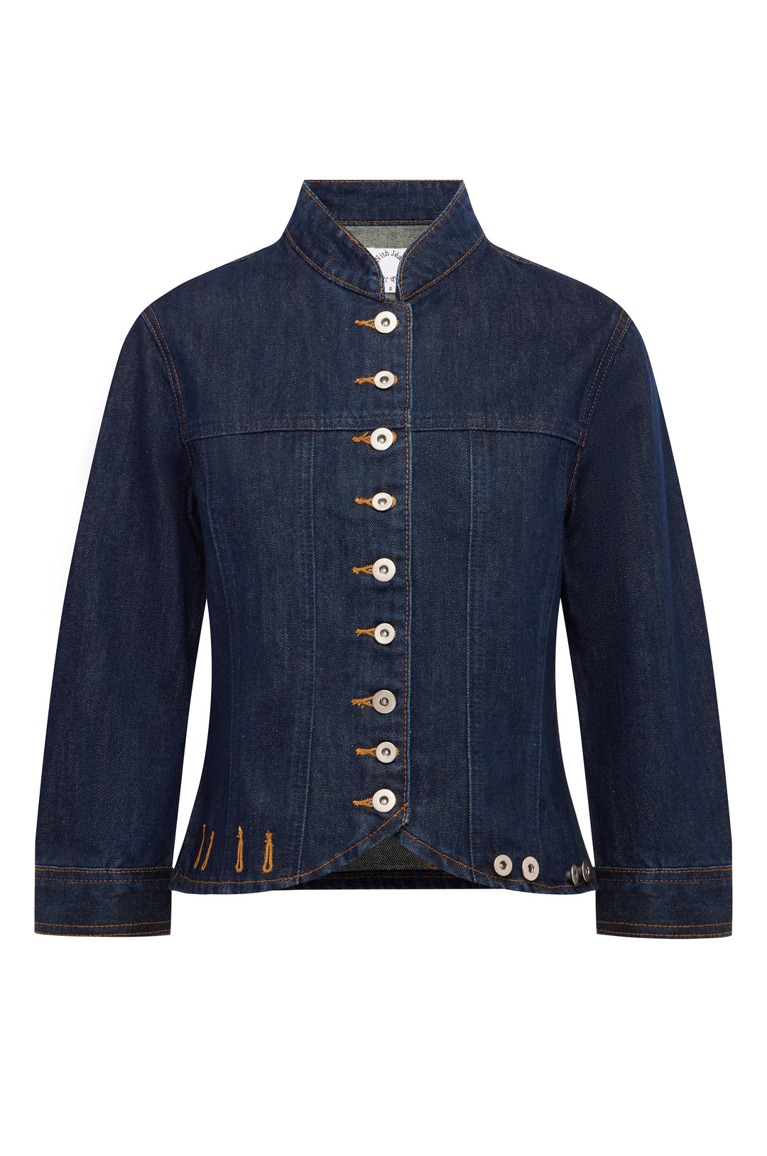 Indigo blue denim jacket with a stand collar, button-front closure, 3/4 sleeves, and a curved hem with button details.