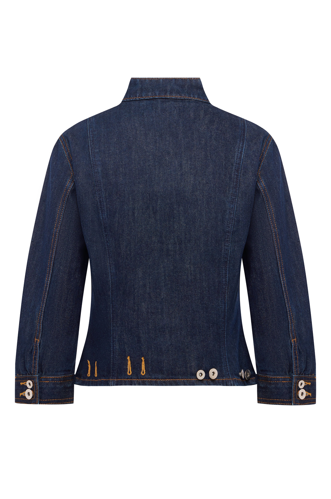 Back view of an indigo blue denim jacket with a stand collar, 3/4 sleeves, and button hem detailing.