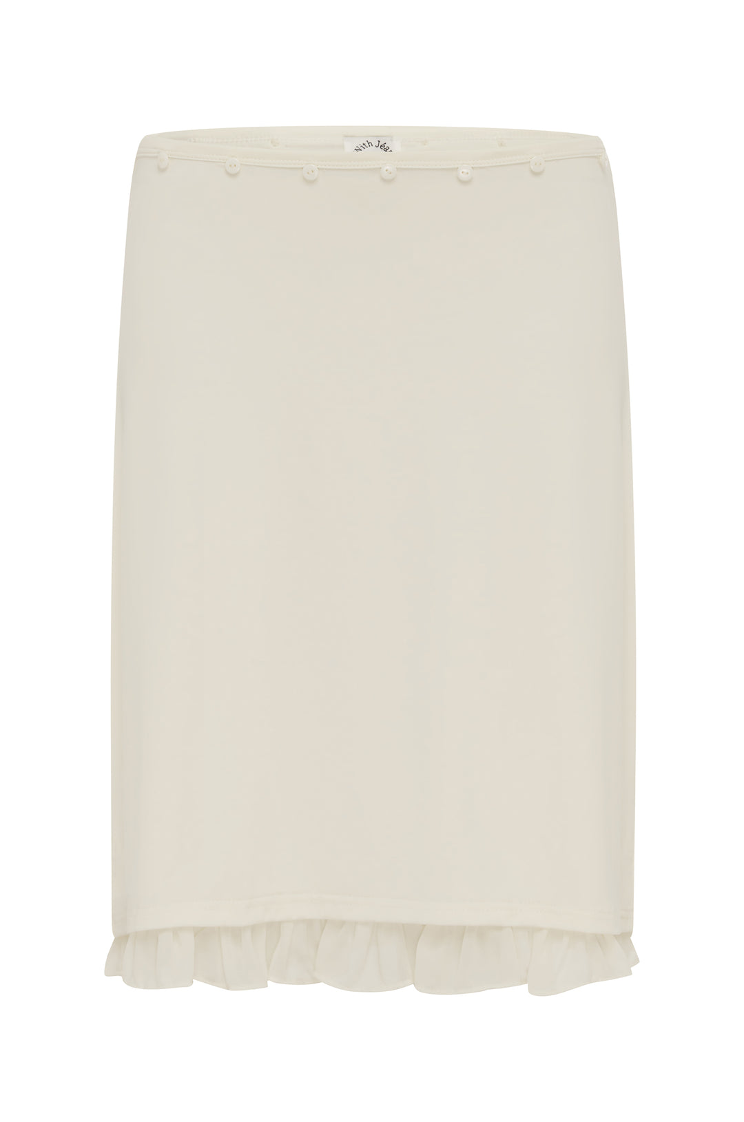 Ella Skirt in off-white, low-rise midi length with waistband buttons and frill trim.