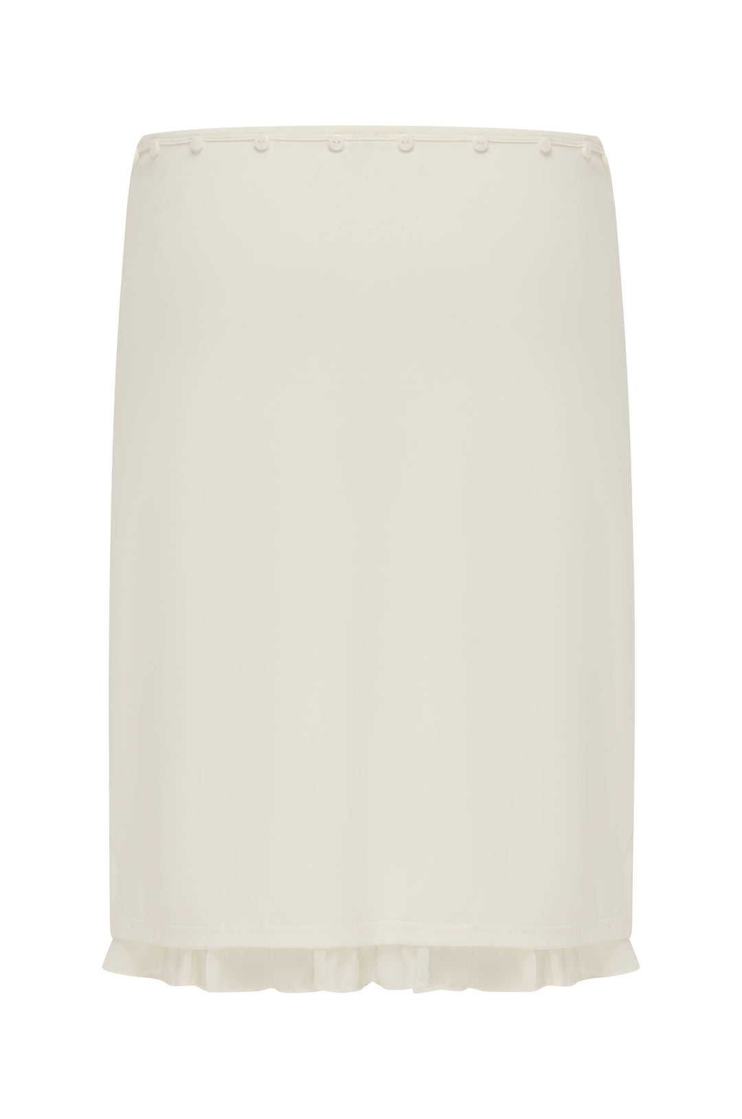 Off-white Ella midi skirt with low-rise buttoned waistband and frill trim hem.