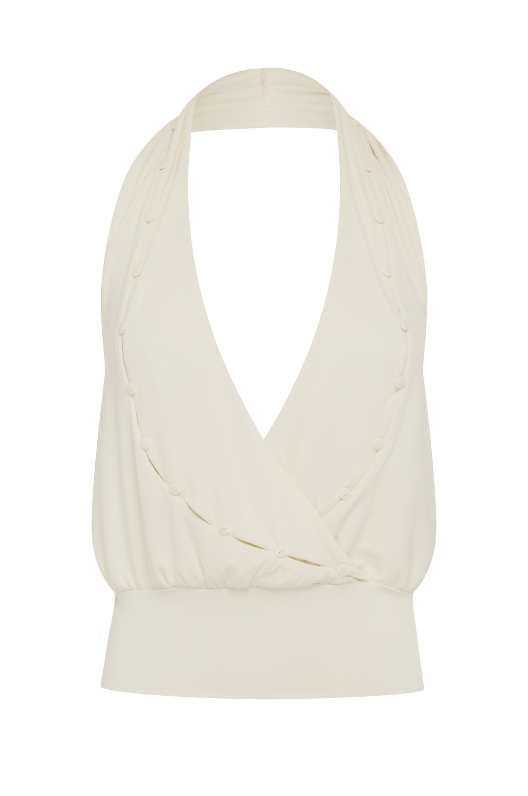Ella Top, off-white halter wrap top with V-neckline, button detailing, and a fitted hem band.